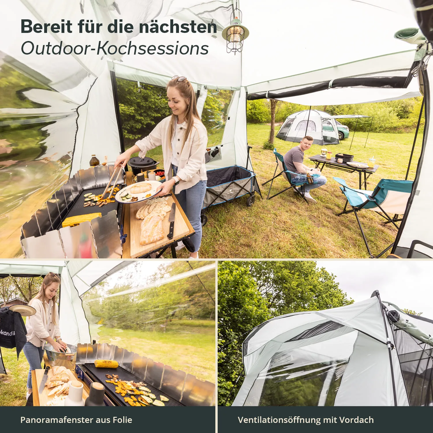 Zwei Personen in einem Zeltbereich, eine Person kocht mit einem Grill, im Hintergrund Tische und Stühle im Freien.