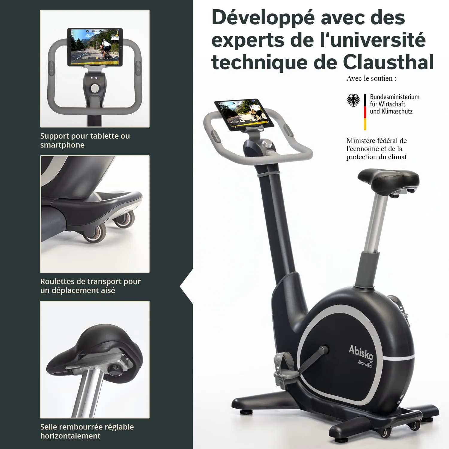 Fahrradtrainer mit Tablet- oder Smartphone-Halterung, Transportrollen und horizontal verstellbarem Sattel.