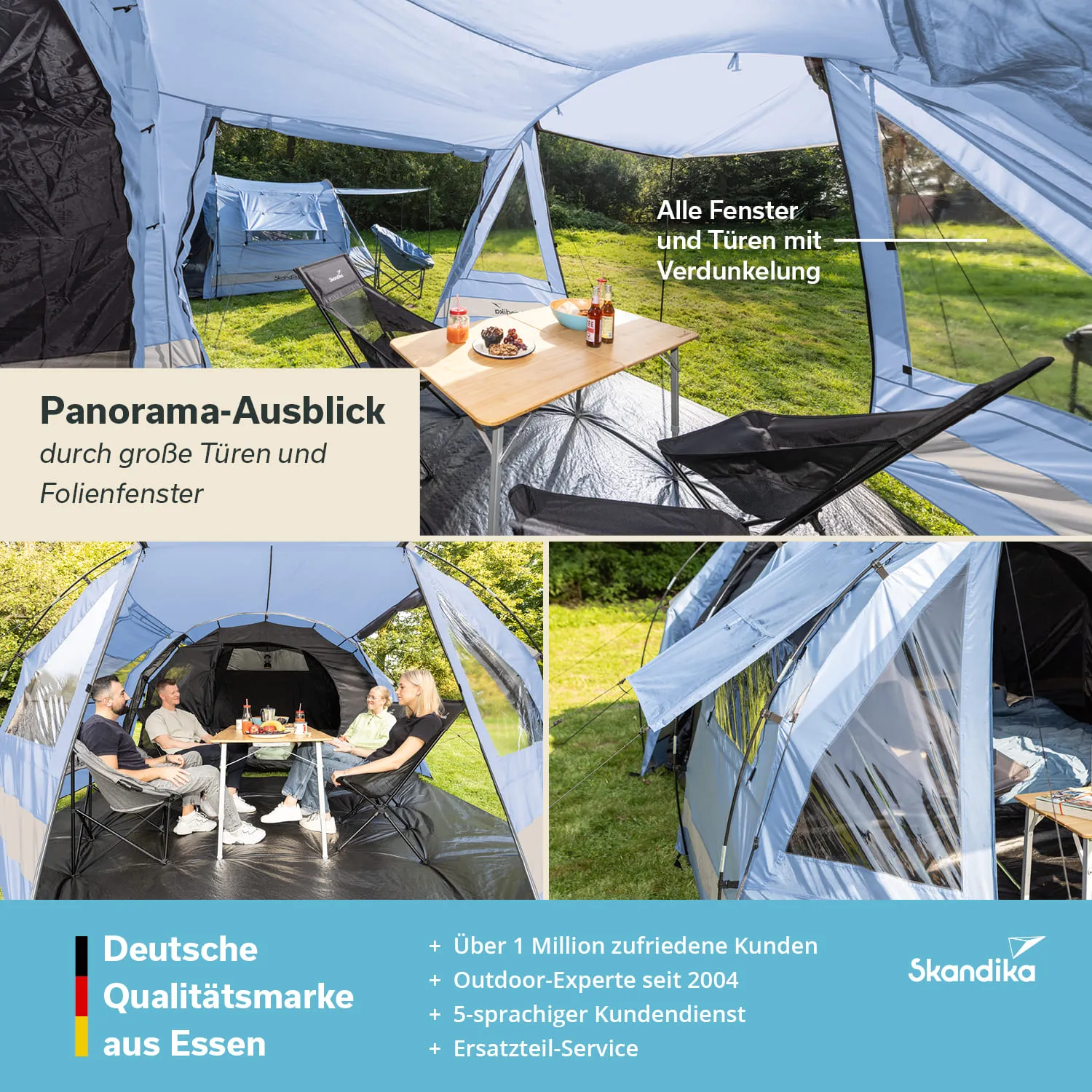 Zelt mit großen Fenstern und Türen, Tisch mit Snacks und Getränken, Personen sitzen in Campingsesseln im Freien.