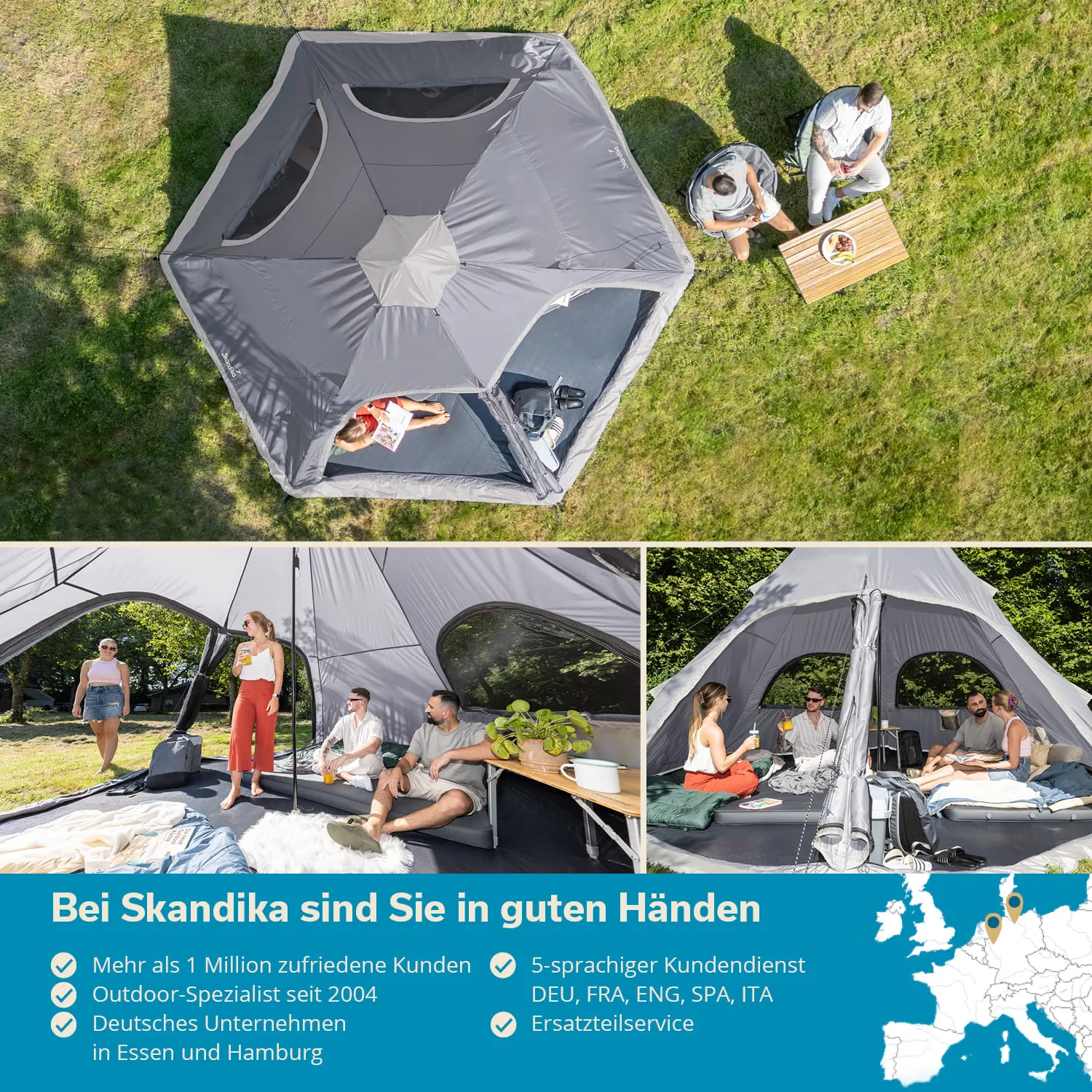 Großes, graues Zelt in einem grünen Garten. Im Zelt sitzen und stehen mehrere Personen, es gibt Möbel und Pflanzen.