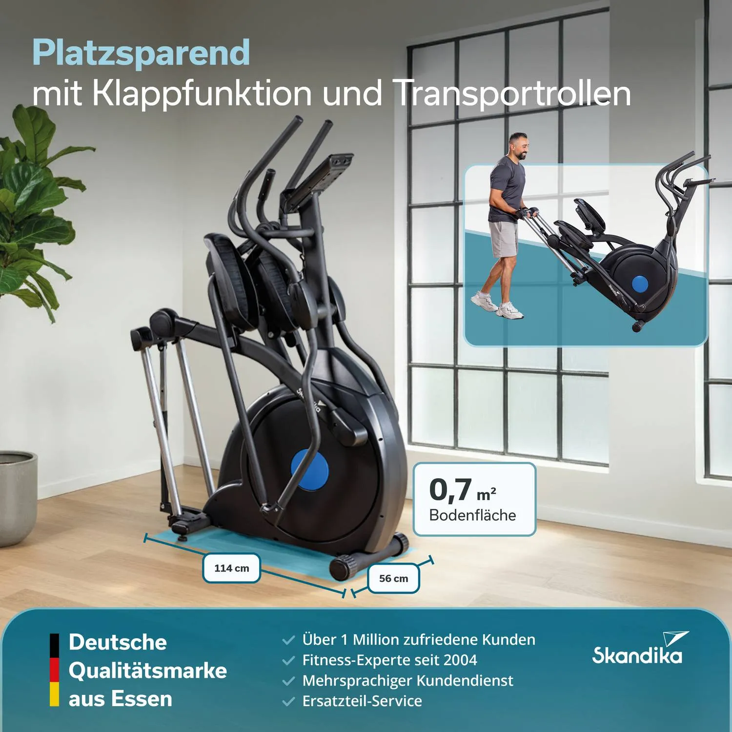 Ellipsentrainer in einem Raum mit Fenster, Pflanzen und Holzfußboden. Maße und Features sind beschrieben.
