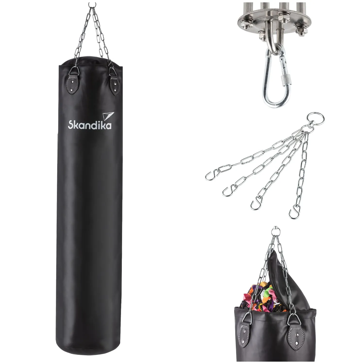 Schwarze Sandsack mit Kettenaufhängung und Haken, daneben eine obere Halterung und verschiedene Kettenteile.