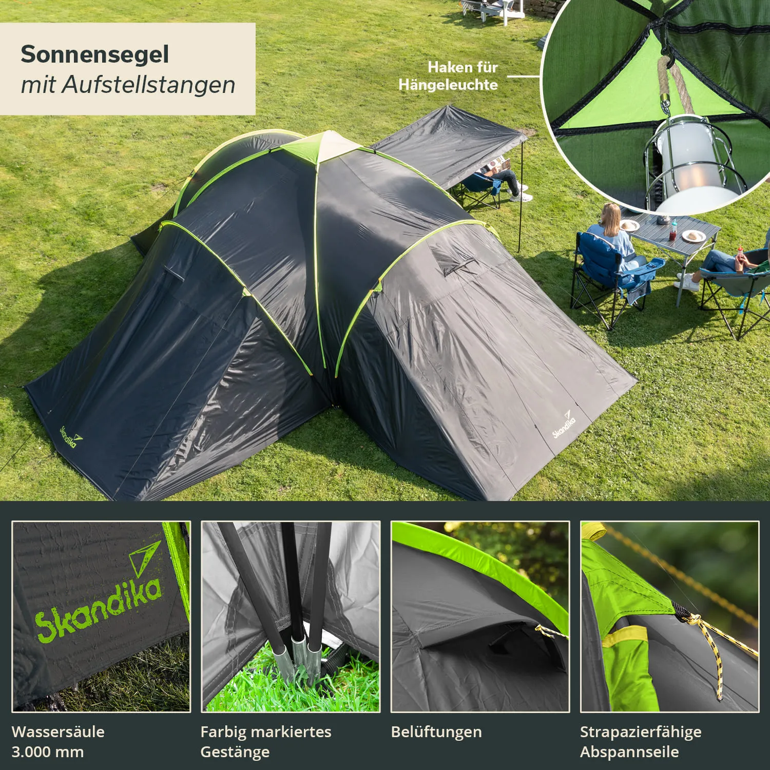 Sonnensegel mit Aufstellstangen auf Rasen, Detailansichten von Materialien, Belüftungen und Abspannseilen.