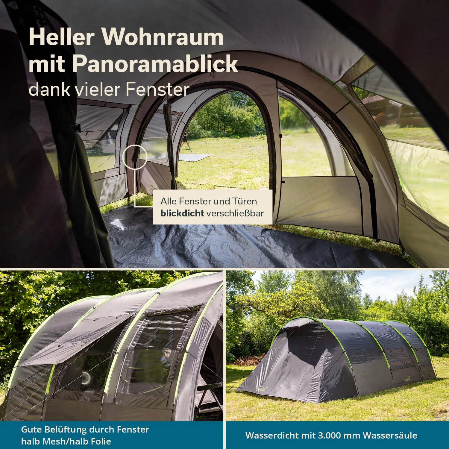 Zelt mit vielen Fenstern, die eine helle Innenansicht ermöglichen. Außenansicht zeigt ein großes, wasserdichtes Zelt.