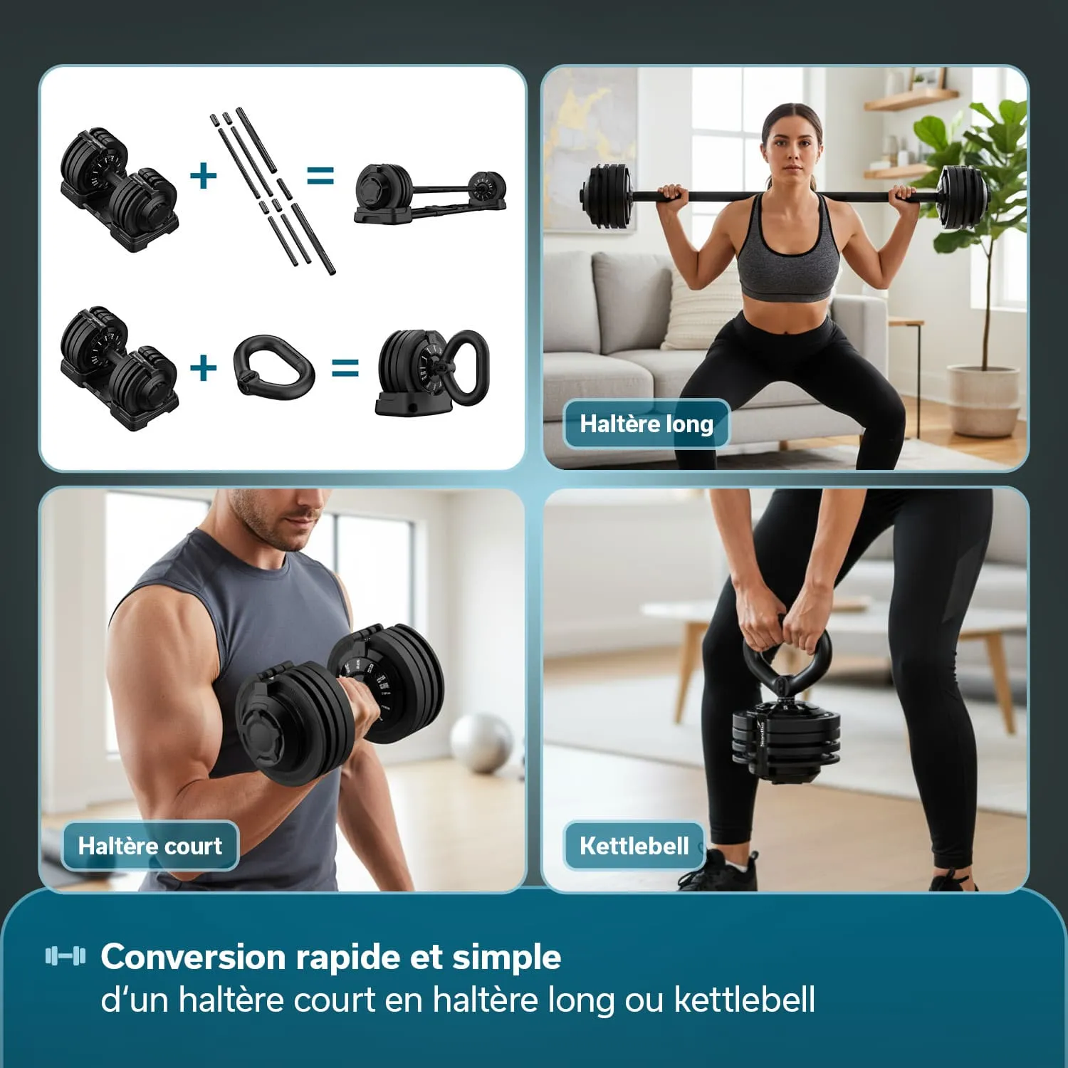 Kombination von Gewichtheben und Fitnessgeräten, einschließlich Kurzhanteln, Langhantel und Kettlebell, mit Anleitungen.