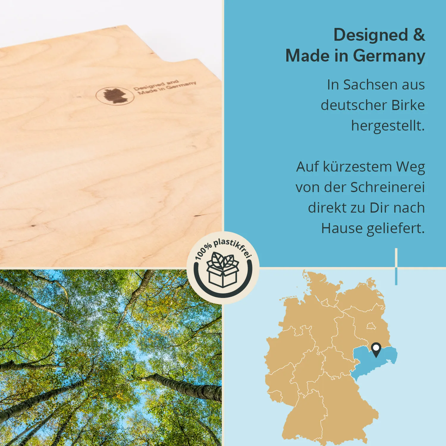 Holzplatte aus deutscher Birke, Text und Grafiken über nachhaltige Herstellung, Lieferinfo und Karte Deutschlands.