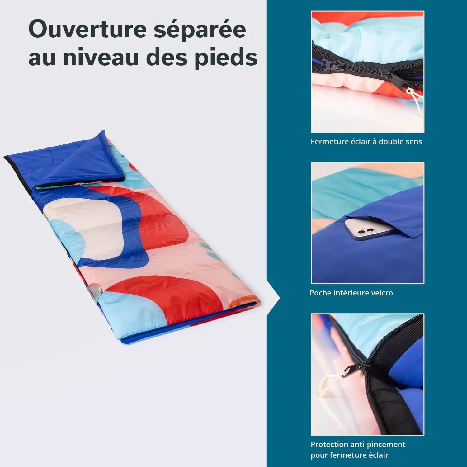 Schlafsack mit buntem Muster in Rot, Blau und Rosa, detailiert mit herausnehmbaren Elementen und einer Innentasche.
