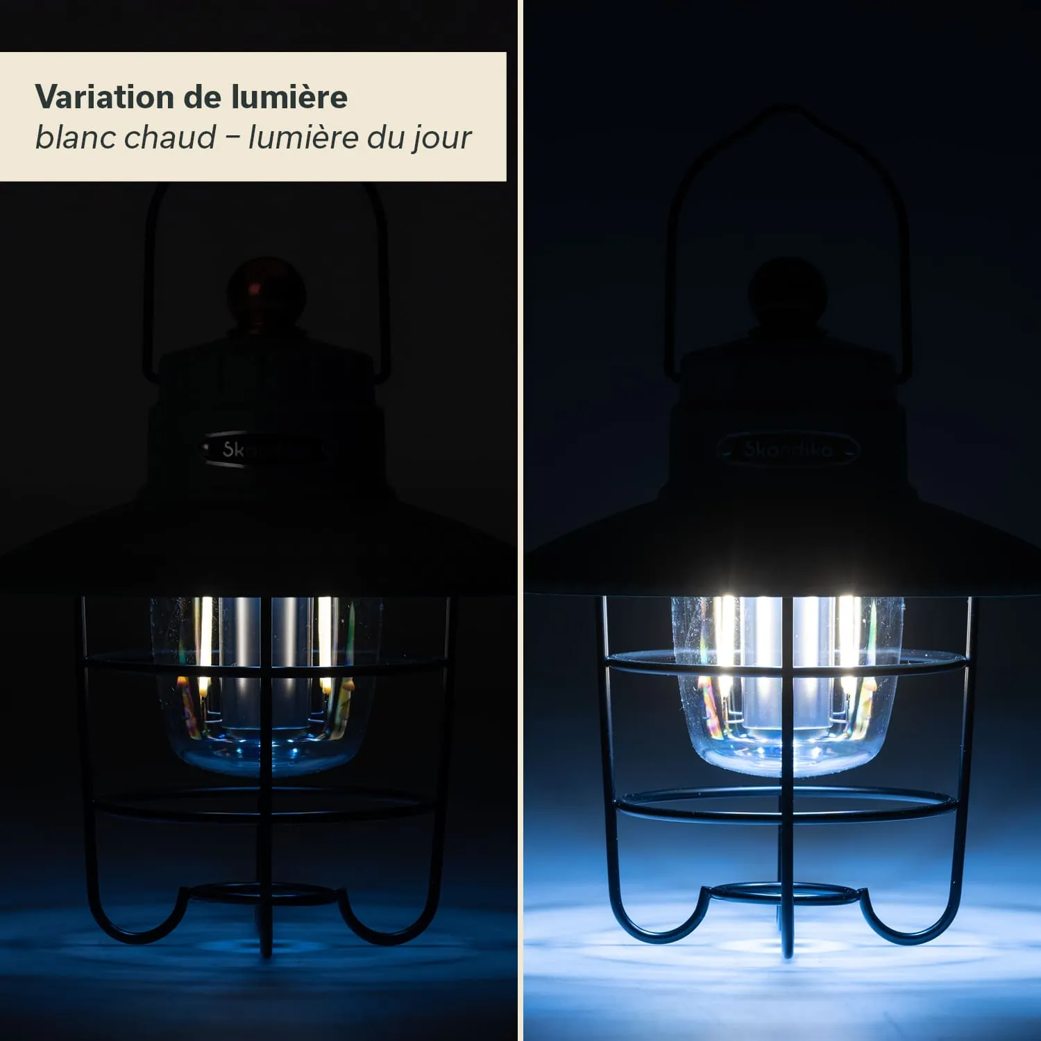 Eine Lampe ist auf einem dunklen Hintergrund abgebildet. Links strahlt sie warmes Licht aus, rechts kühles Tageslicht.