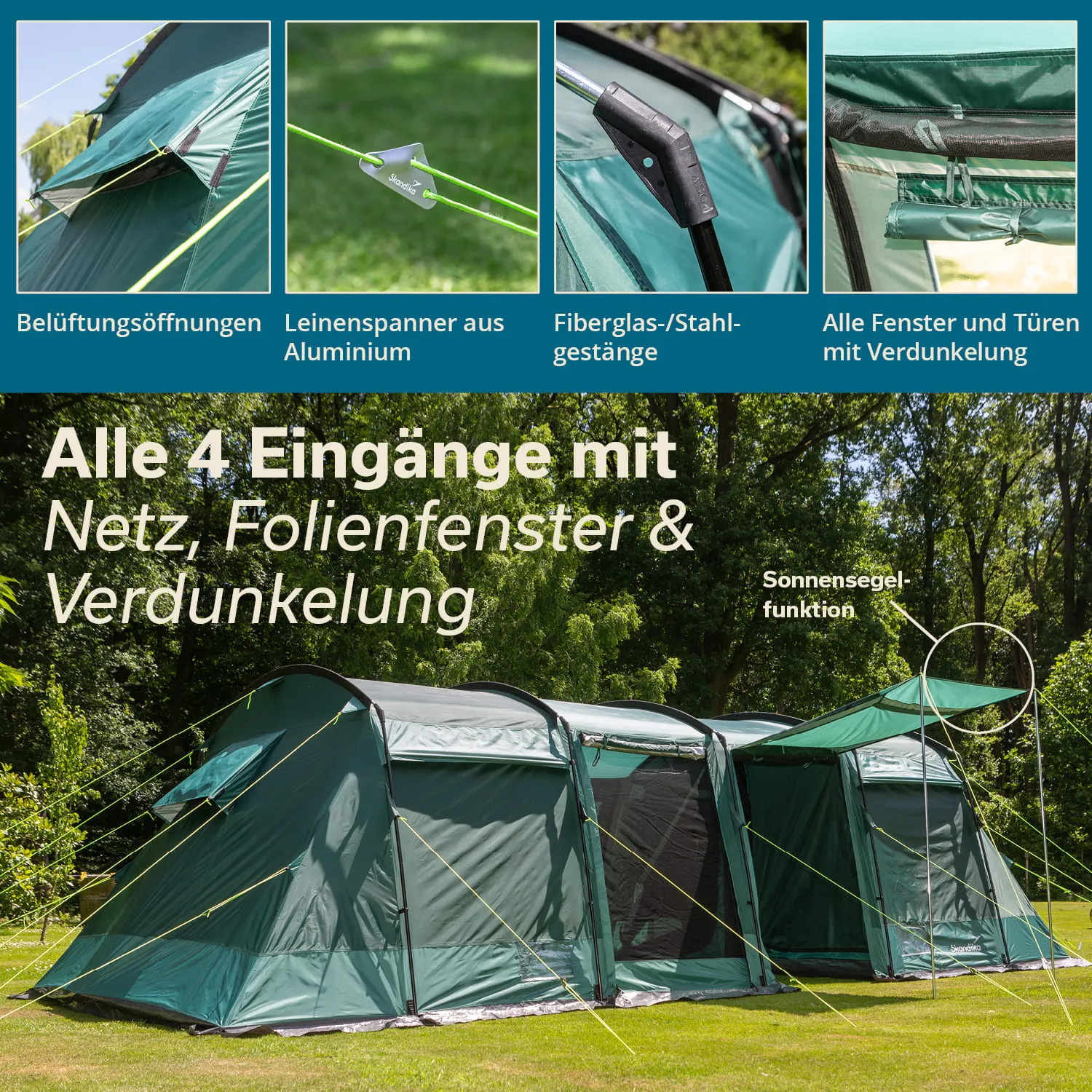 Grünes Zelt mit vier Eingängen, Fiberglas-/Stahlgestänge, Belüftungsöffnungen und Verdunkelungsfenstern in einer grünen Landschaft.