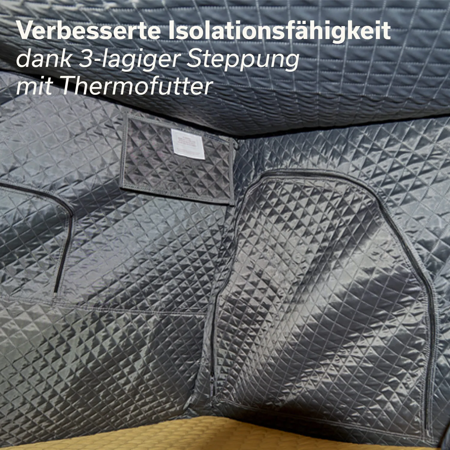 Dunkelgraue isolierende Oberfläche mit dreilagiger Steppung und Thermofutter Kanten und Taschen sind deutlich sichtbar.