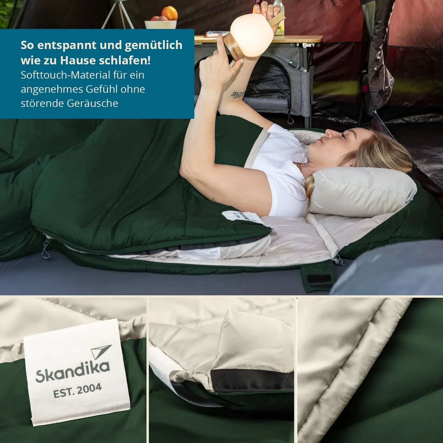 Eine schlafende Person liegt in einem Schlafsack in einem Zelt. Neben ihr steht eine Lampe. Der Schlafsack hat eine grüne Außenseite und eine helle Innenseite. Es sind ein Kissen und das Logo eines Herstellers sichtbar.