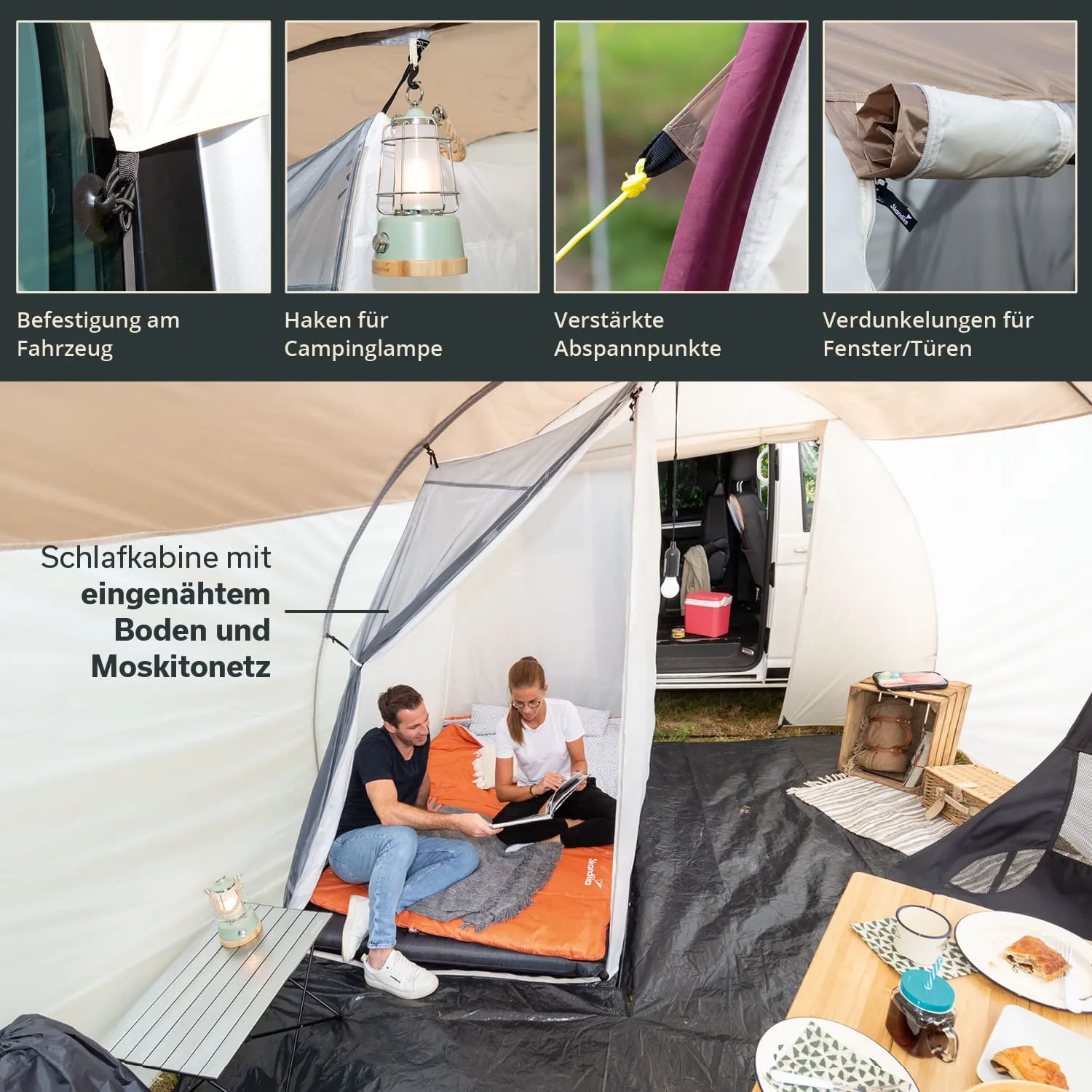 Zeltinnenraum mit Schlafkabine, orangefarbenen Matratzen, zwei Personen, Campinglampe, Tisch und Essgeschirr.