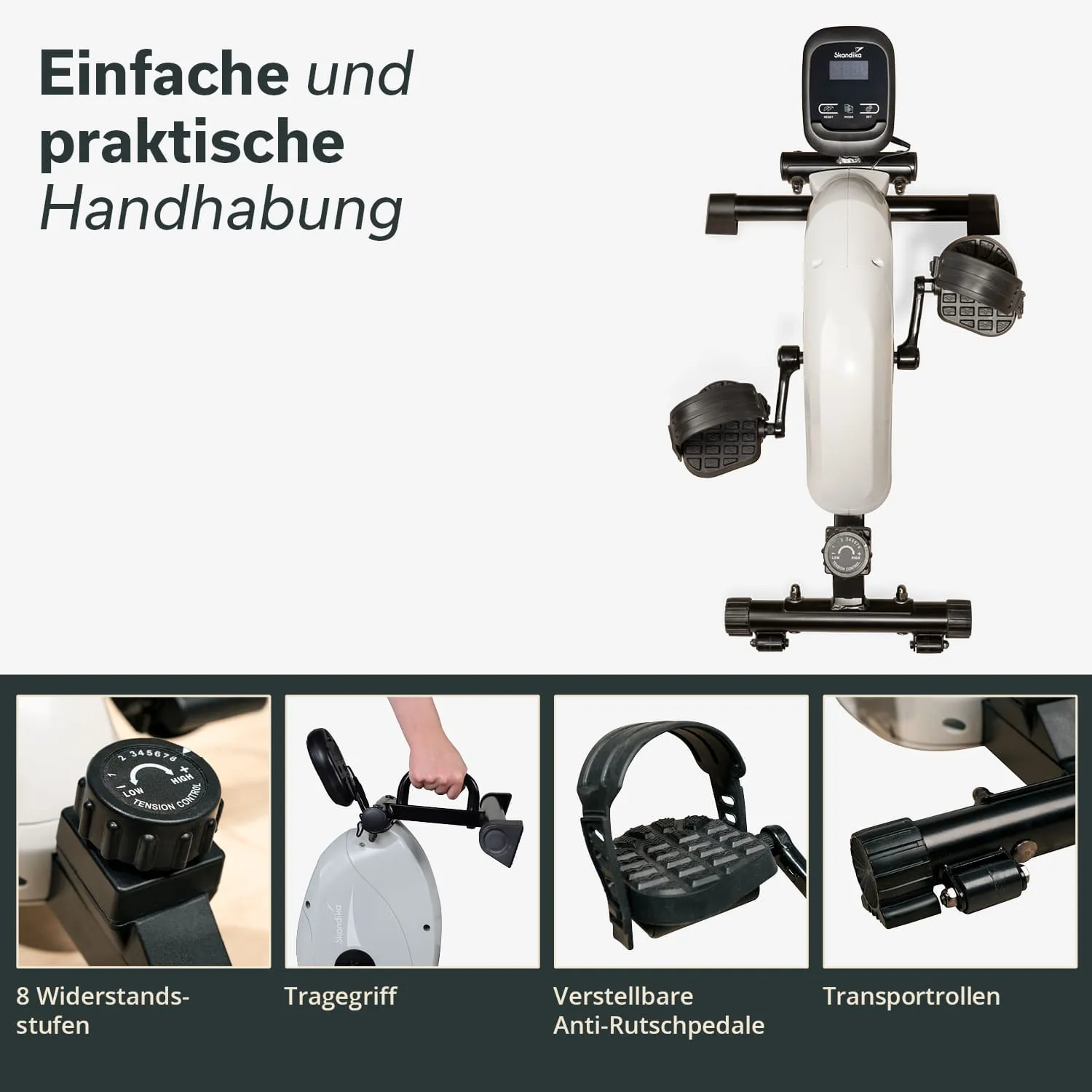 Rad-Ergometer mit LCD-Display, verstellbaren Pedalen und Widerstandseinstellung. Unten verschiedene Funktionen abgebildet.
