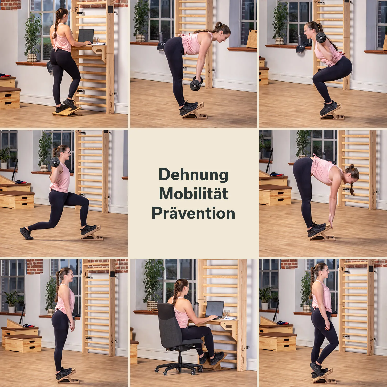 Collage mit sechs Bildern einer Person, die verschiedene Dehn- und Mobilitätsübungen ausführt. Beige Hintergrunds mit Text: "Dehnung Mobilität Prävention".