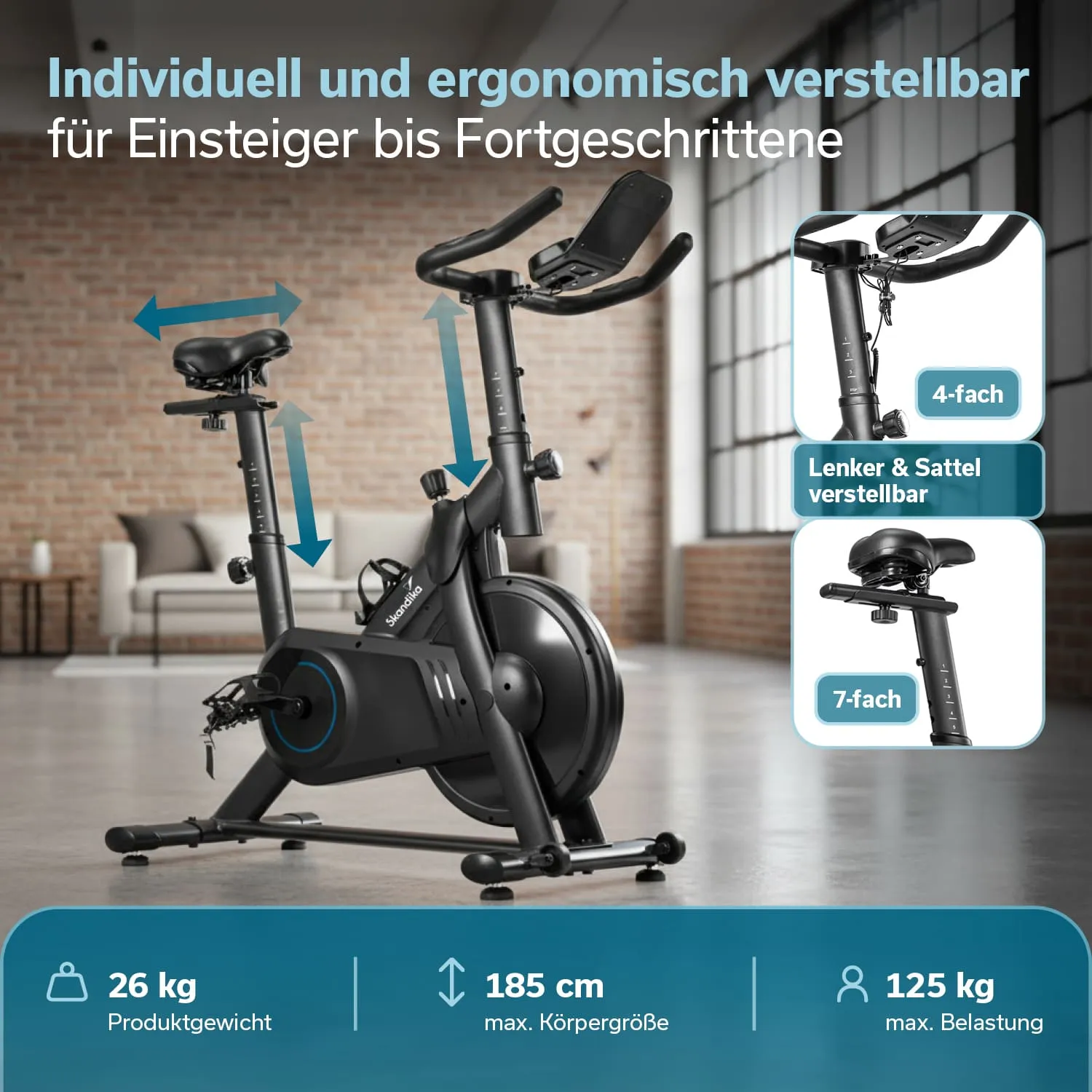 Fahrradtrainer in einem modernen Raum. Sitz und Lenker sind höhenverstellbar. Hinweise zu Produktgewicht und Maximalbelastung sind sichtbar.