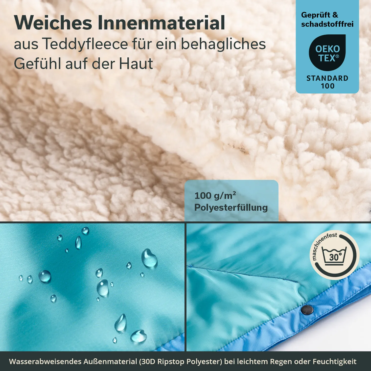 Weiches Teddyfleece-Innenmaterial, wasserabweisendes Außenmaterial mit Wassertropfen und Pflegehinweisen.