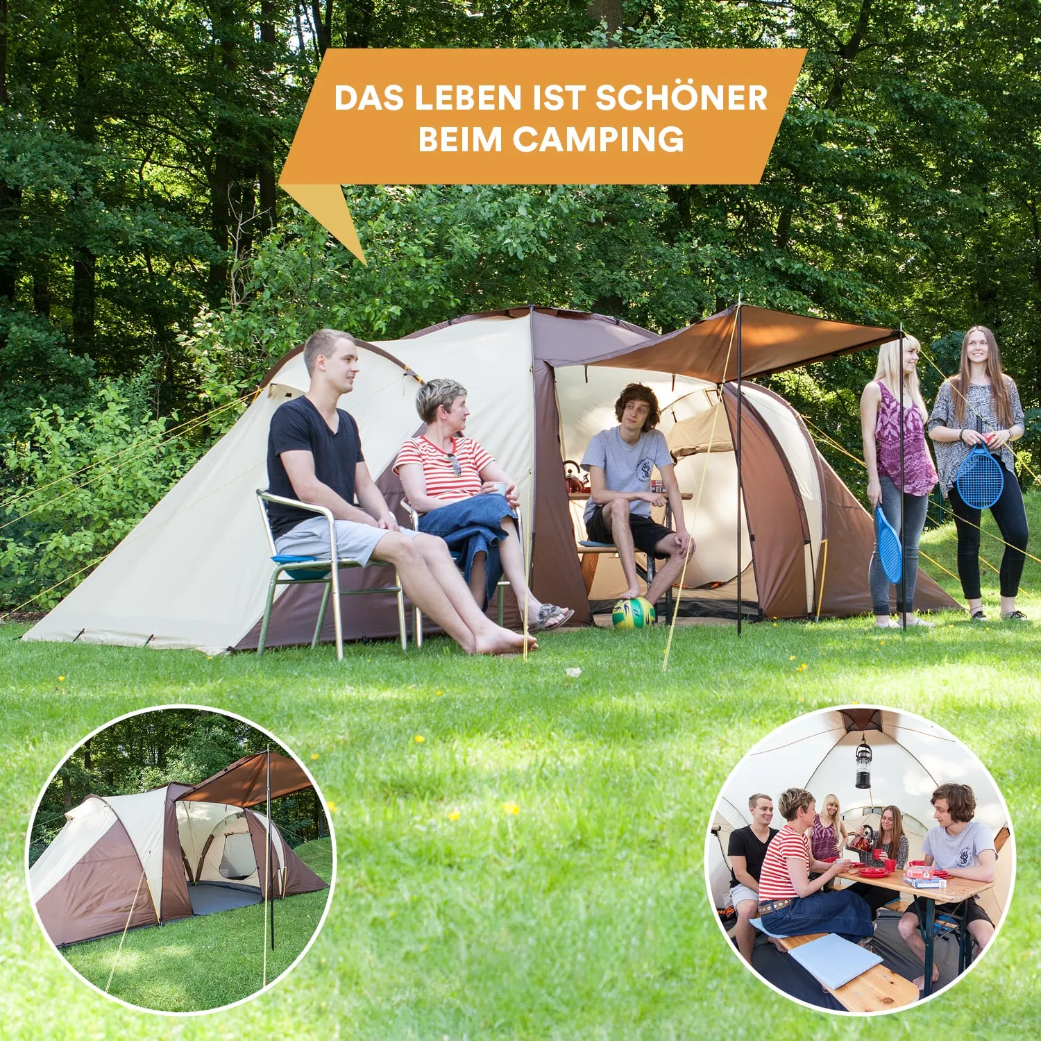 Zelt in der Natur mit mehreren Personen. Einige sitzen auf Stühlen, andere stehen mit Schlägern. Eingezoomt: Gruppe am Tisch.