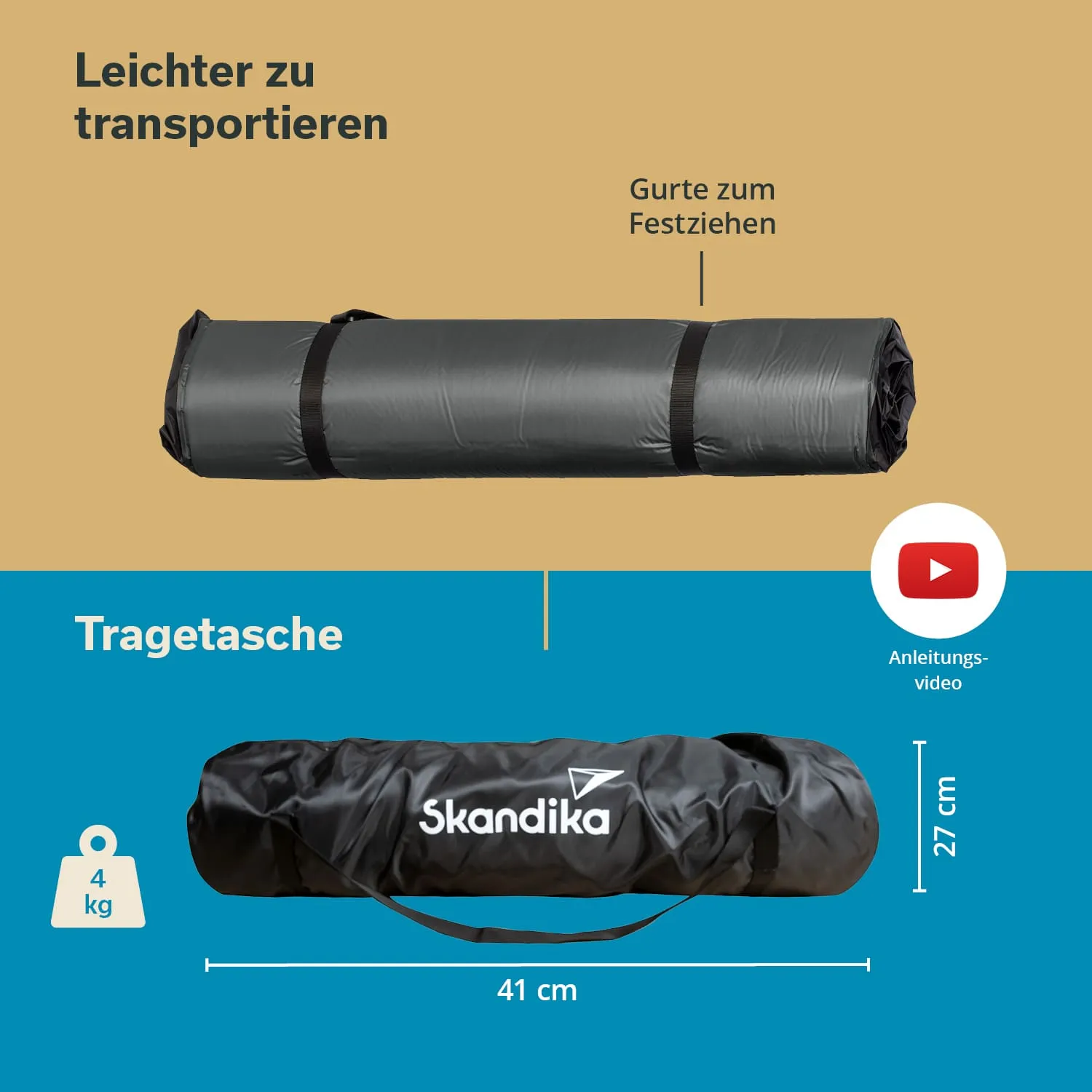Schwarze Tragetasche für einen Campingartikel, abgerollt und mit Maßen. Beschriftungen zu Transport und Videoanleitung.