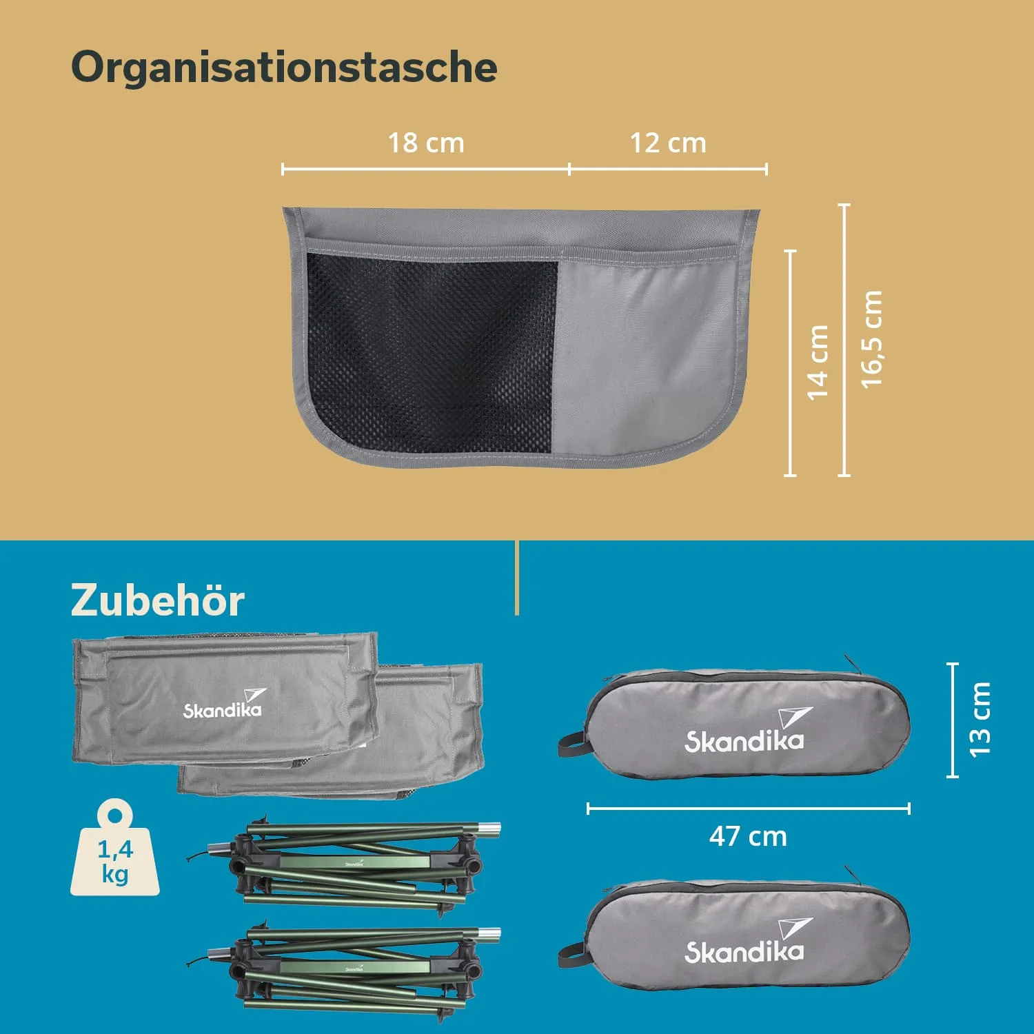 Graue Organisationstasche mit Netzfach, Maße und Zubehör. Skandika, zusammengeklappte Elemente und Gewichtsangabe.