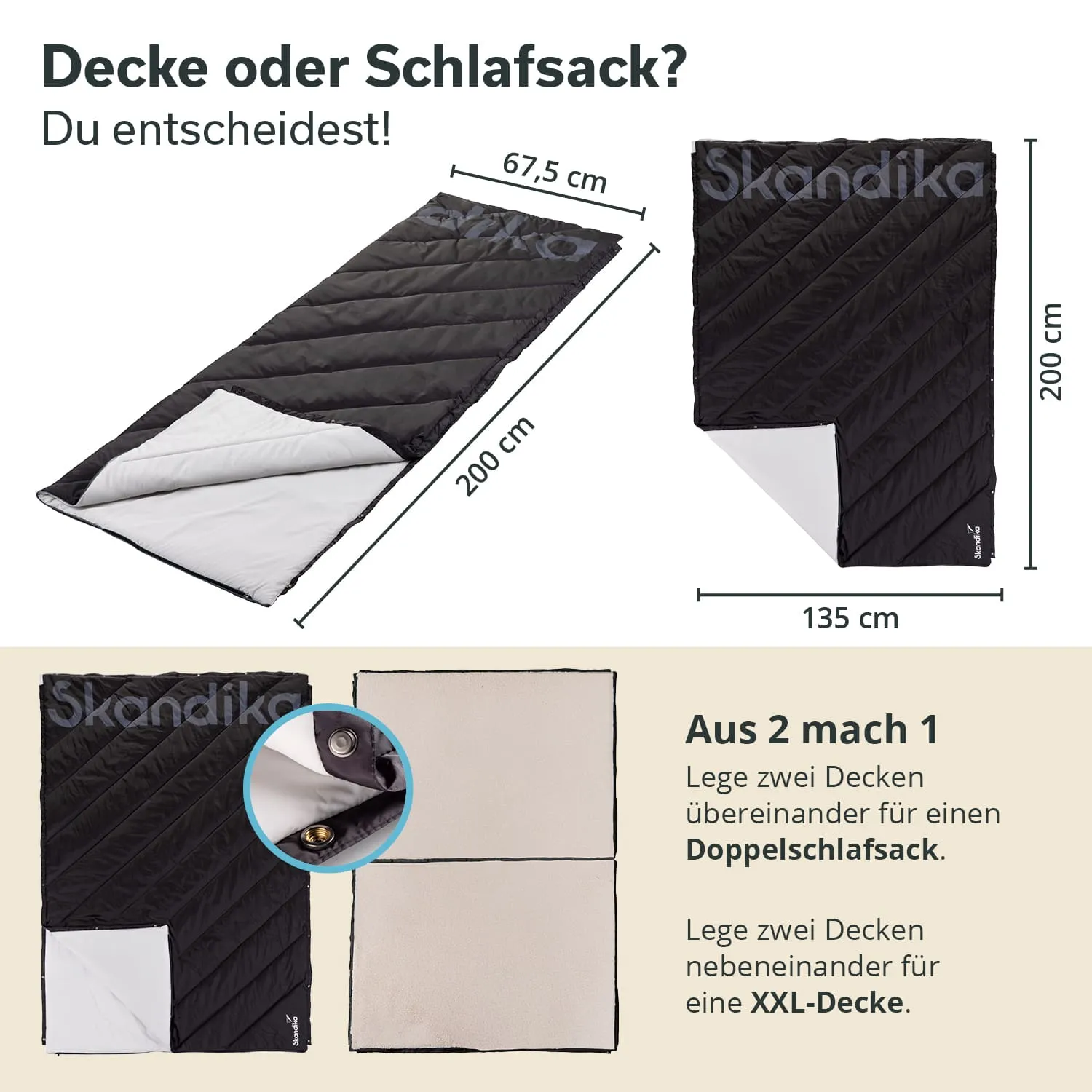 Schlafsack und Decke in Schwarz und Weiß, mit Maßangaben. Hinweis zur Verwendung als Doppel- oder XXL-Decke.