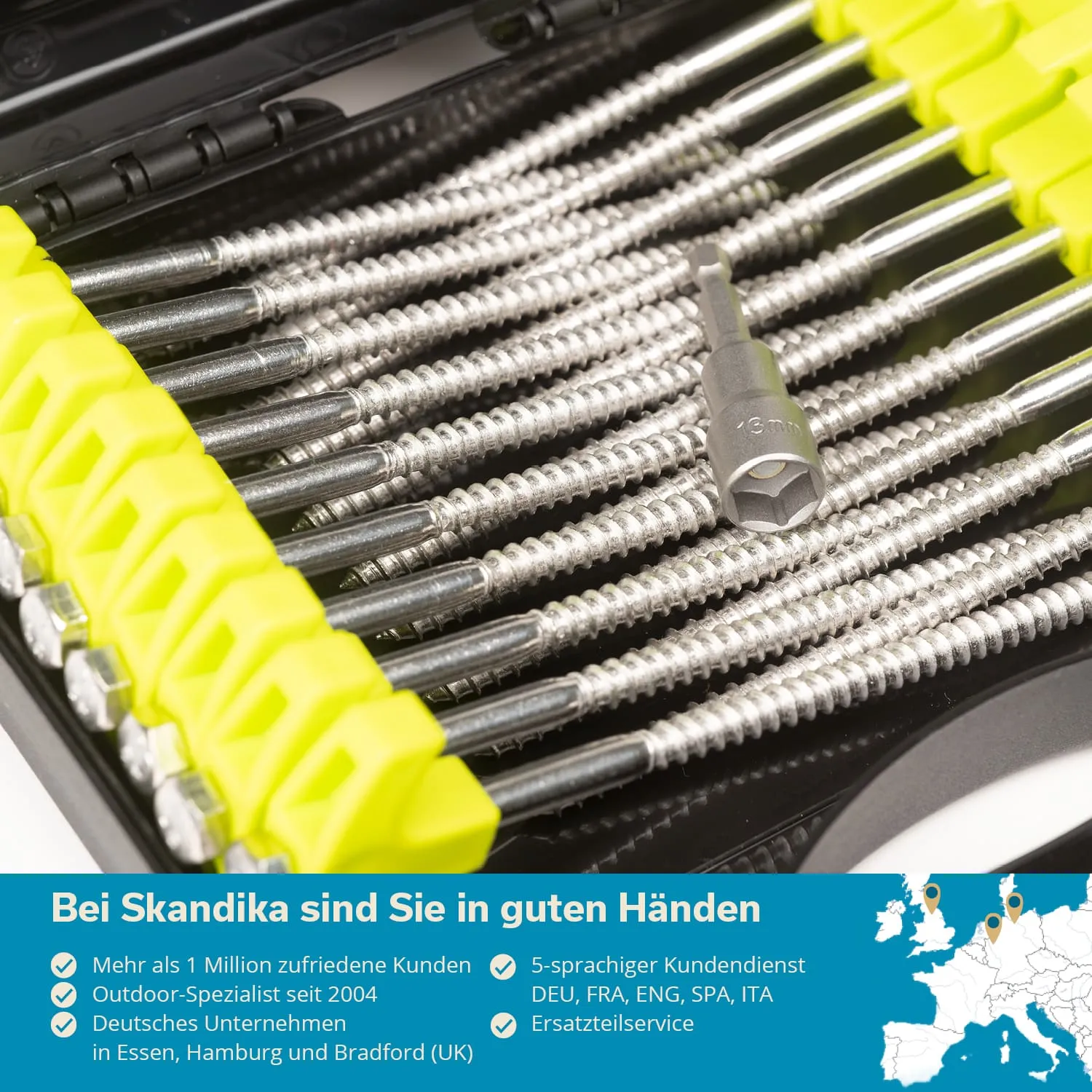 Werkzeugkasten mit verschiedenen Schraubendrehern und einer sechseckigen Nuss. Gelbe Einsätze zur Ordnung der Werkzeuge.