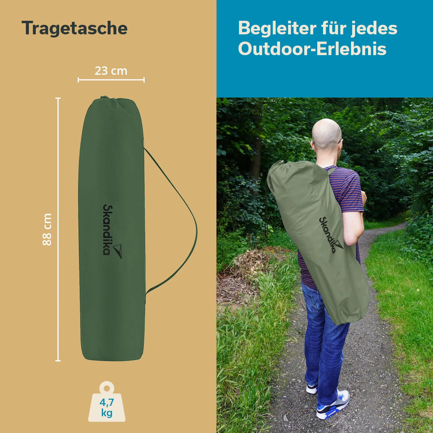 Grüne Tragetasche mit Maßen 23 cm x 88 cm, abgebildet auf der linken Seite. Rechts eine Person, die die Tasche auf dem Rücken trägt, im Wald.