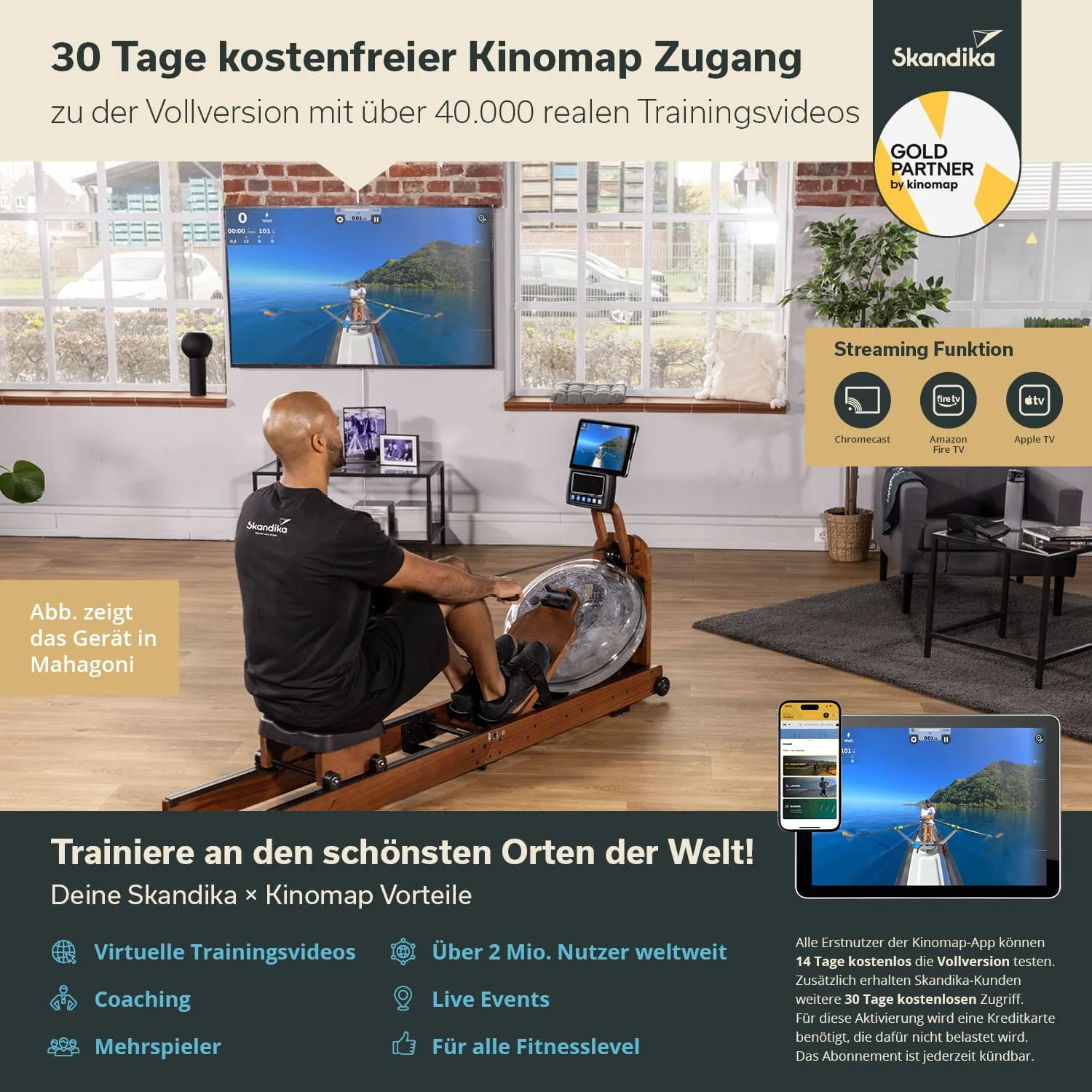 Bild von einer Person auf einem Rudergerät in einem modernen Raum mit einem großen Bildschirm im Hintergrund, der eine Trainingsvideoansicht zeigt.