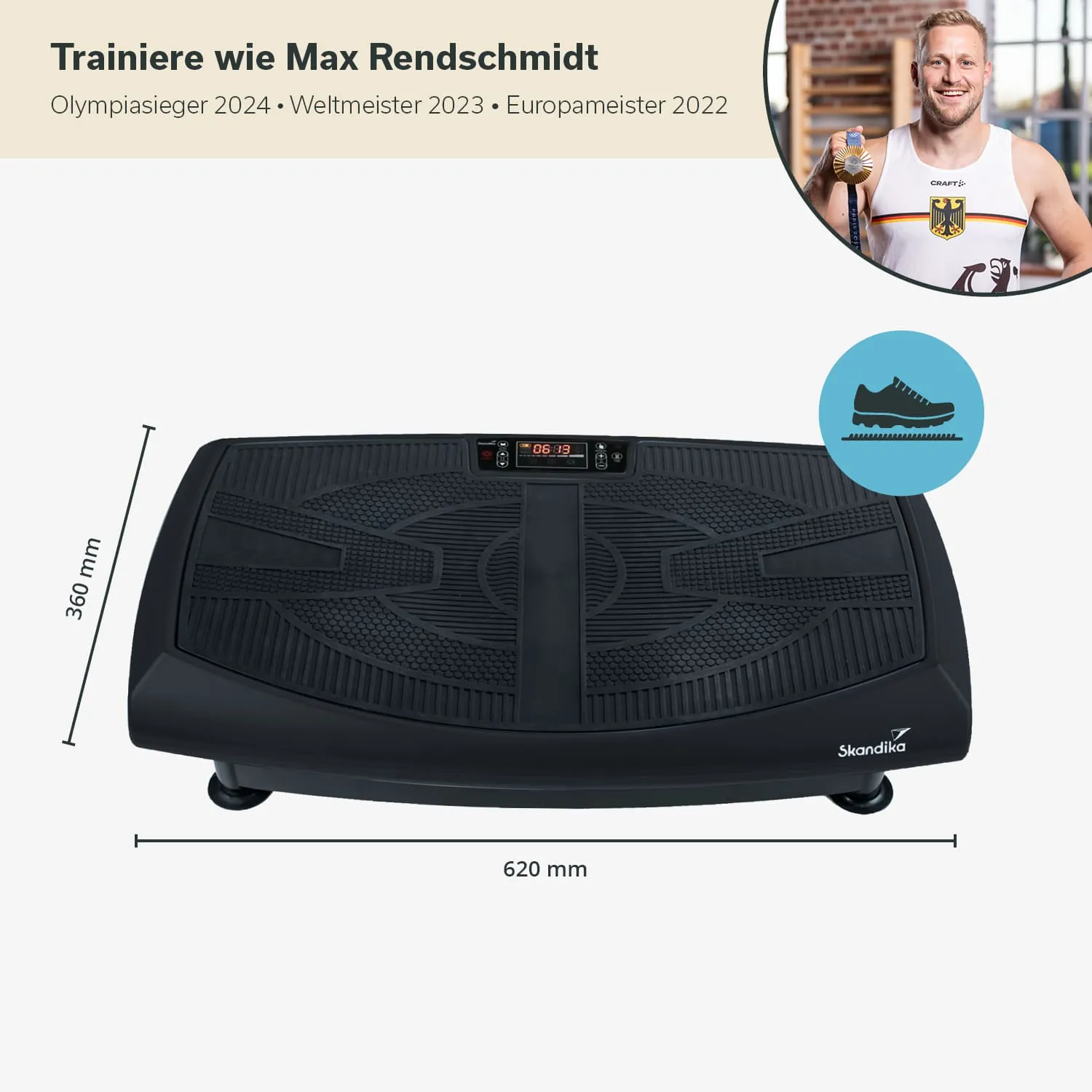 Schwarze Trainingsplattform mit einer rutschfesten Oberfläche, digitalen Anzeigen und Maßen von 620 mm x 360 mm.