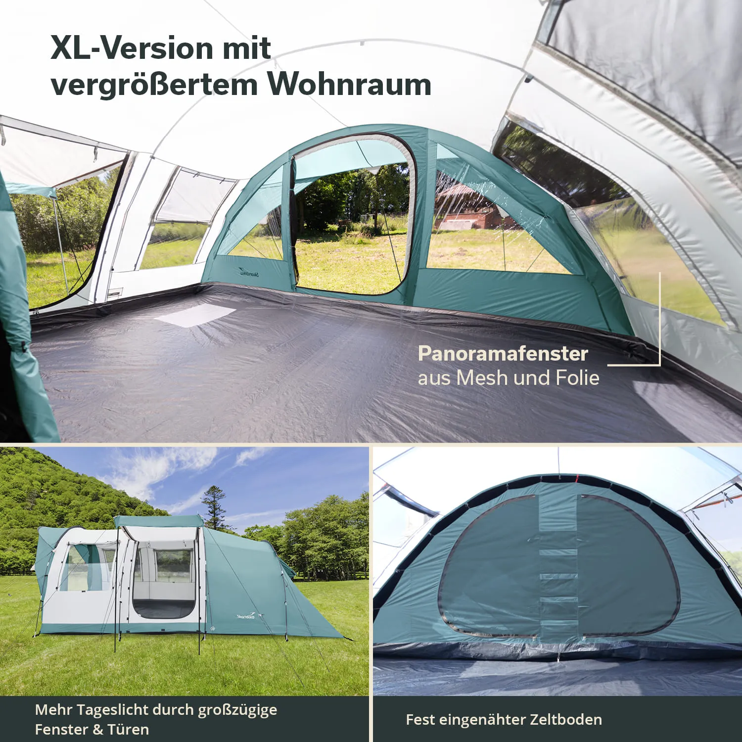 Zelt im Innenraum mit Panoramafenstern, grauem Boden und großen Türen, umgeben von Grünfläche und Bäumen.
