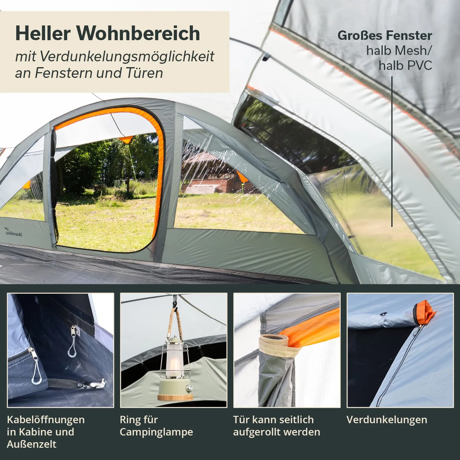 Heller Wohnbereich eines Zeltes mit Verdunkelungsmöglichkeiten an Fenstern und Türen. Große Fenster, Kabelöffnungen und Lampenring sichtbar.
