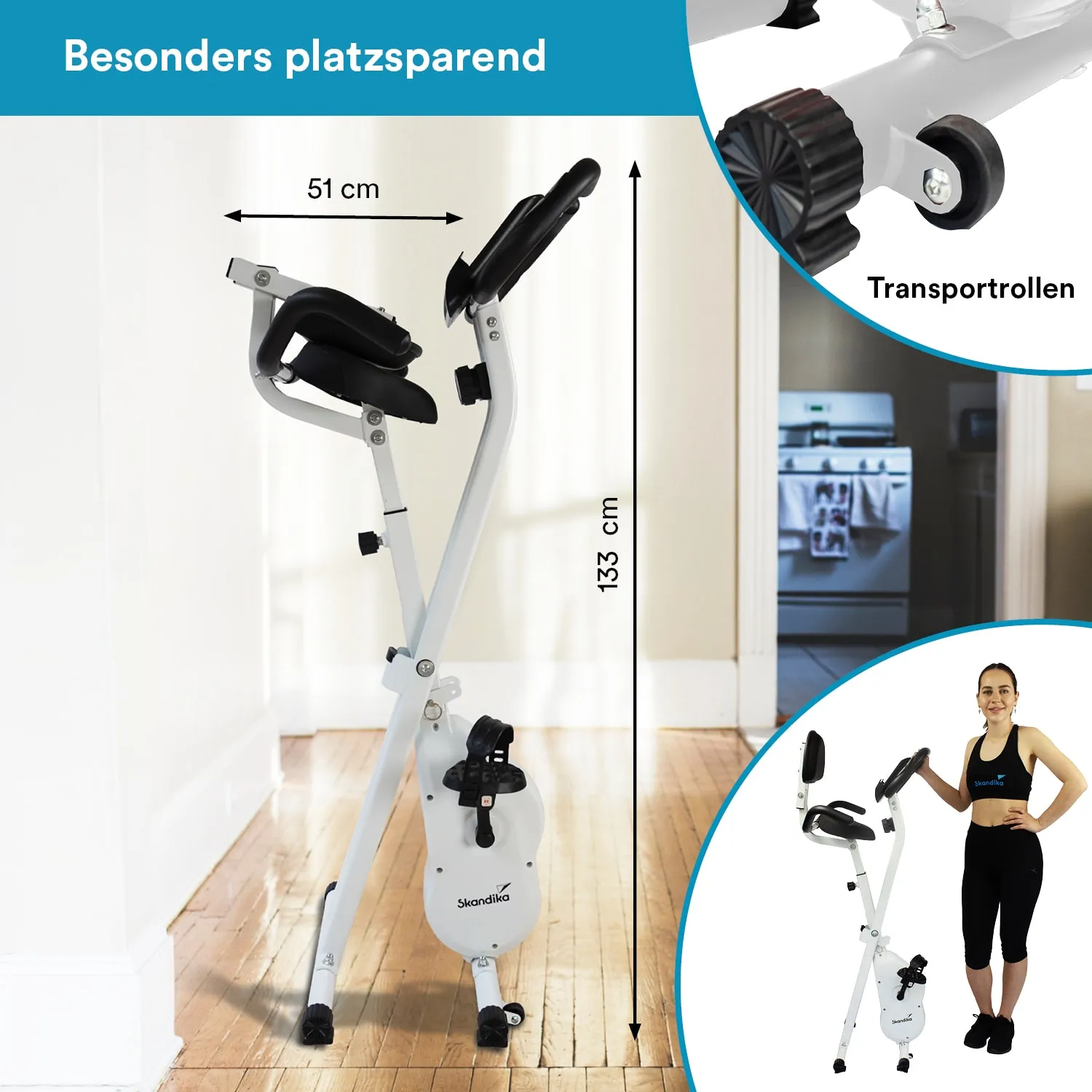 Klappbares Fitnessgerät in weiß mit schwarzen Polstern, abgebildet in einem Raum. Maße: 51 cm Breite, 133 cm Höhe. Transportrollen erkennbar.