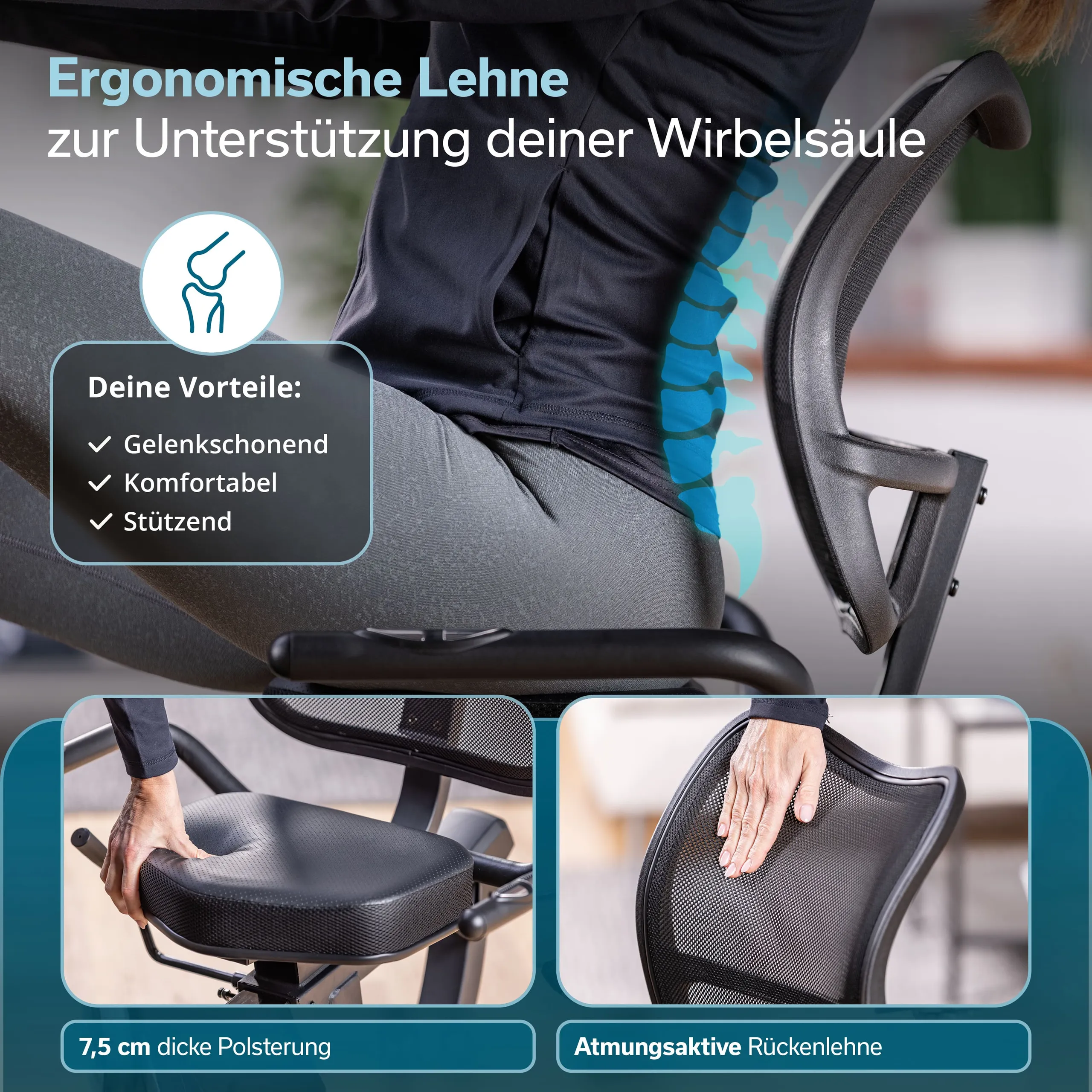 Ergonomischer Stuhl mit detaillierter Rückenlehne, gepolsterter Sitzfläche und funktionalen Elementen. Texte zu Vorteilen sind sichtbar.