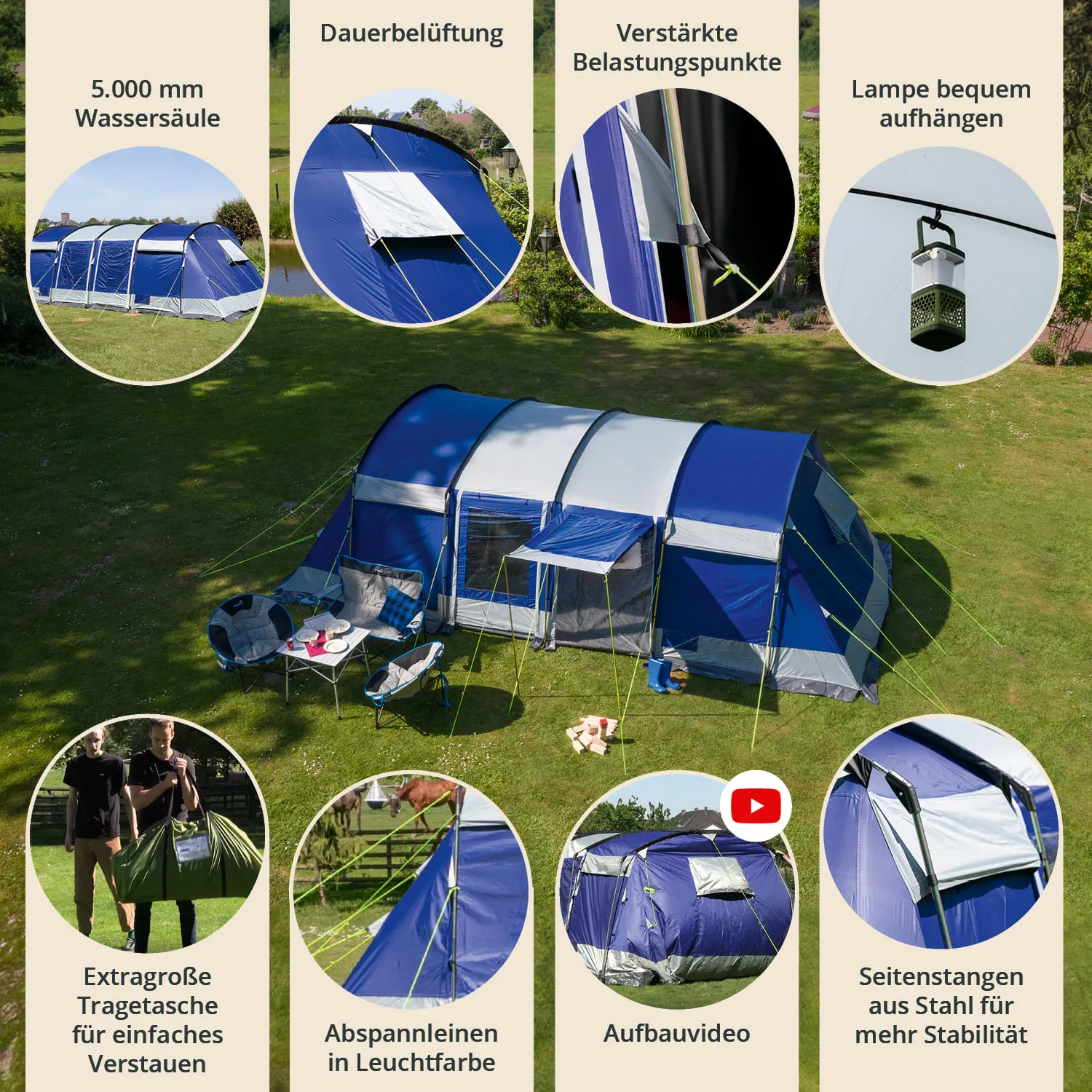 Zelt in Blau- und Grautönen auf einer Wiese, mit Campingstühlen, Tischen und Zubehör, umgeben von Bäumen.