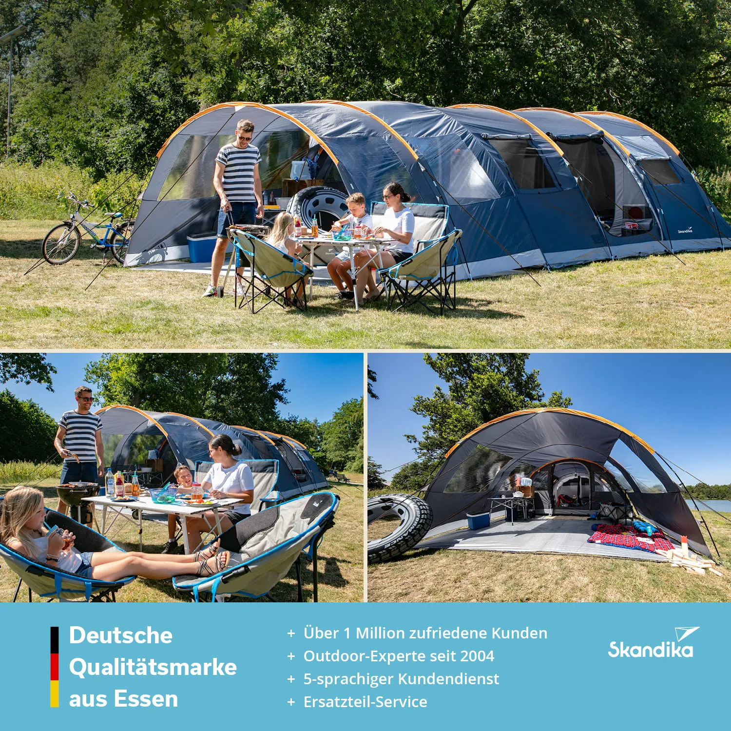 Zelt im Freien mit einer Familie, die an einem Tisch sitzt. Es sind Stühle und ein Fahrrad sichtbar. Grüne Umgebung.