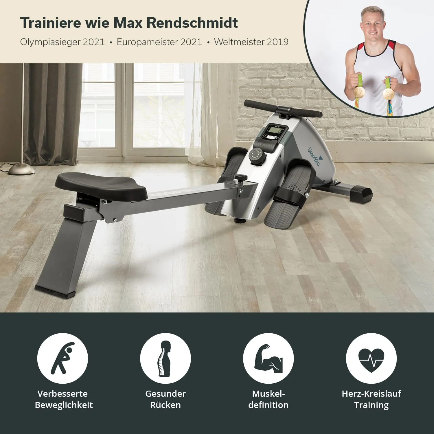 Rudergerät auf einem Holzboden vor einem Fenster, mit beschrifteten Vorteilen für das Training.