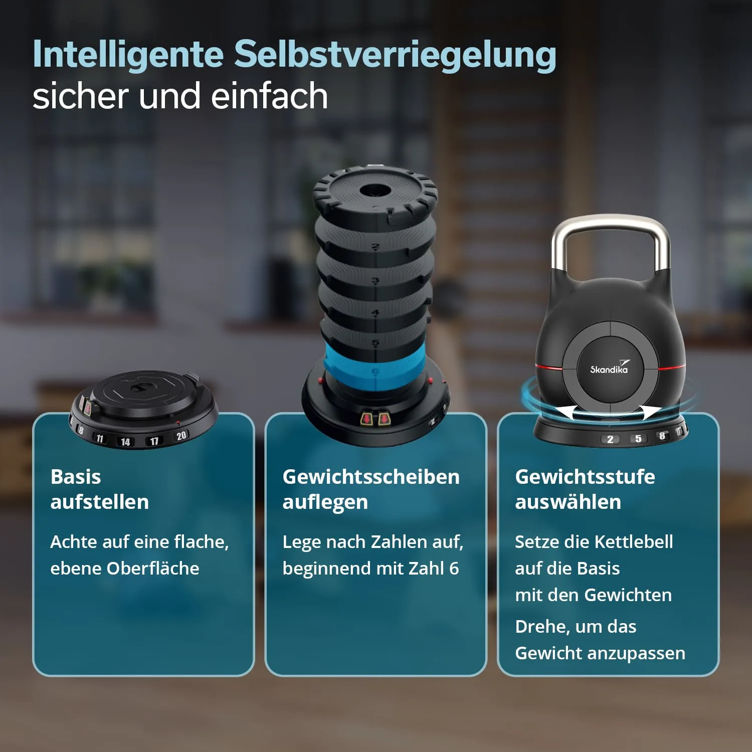 Anleitung zur Verwendung eines intelligenten Gewichtssystems. Drei Schritte zur Aktivierung: Basis aufstellen, Gewichtssscheiben auflegen, Gewicht auswählen.