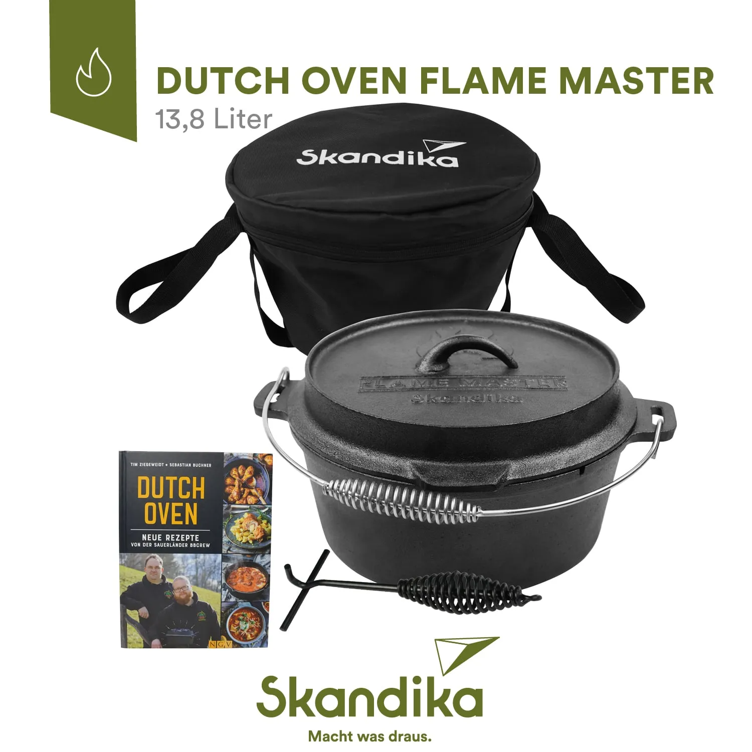Dutch Oven mit Deckel in Schwarz, Tragetasche, Rezeptbuch „Dutch Oven“, Zubehör in Form eines Dreifuss.