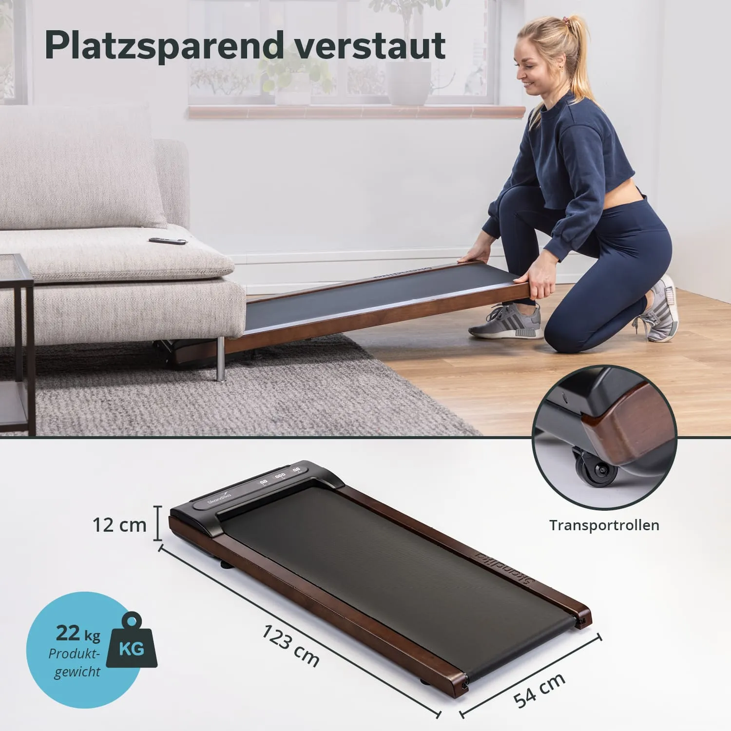 Eine Person hebt ein zusammenklappbares Laufband an, das teilweise unter einem Sofa verstaut ist. Rechts unten sind Maße und Produktdetails dargestellt.