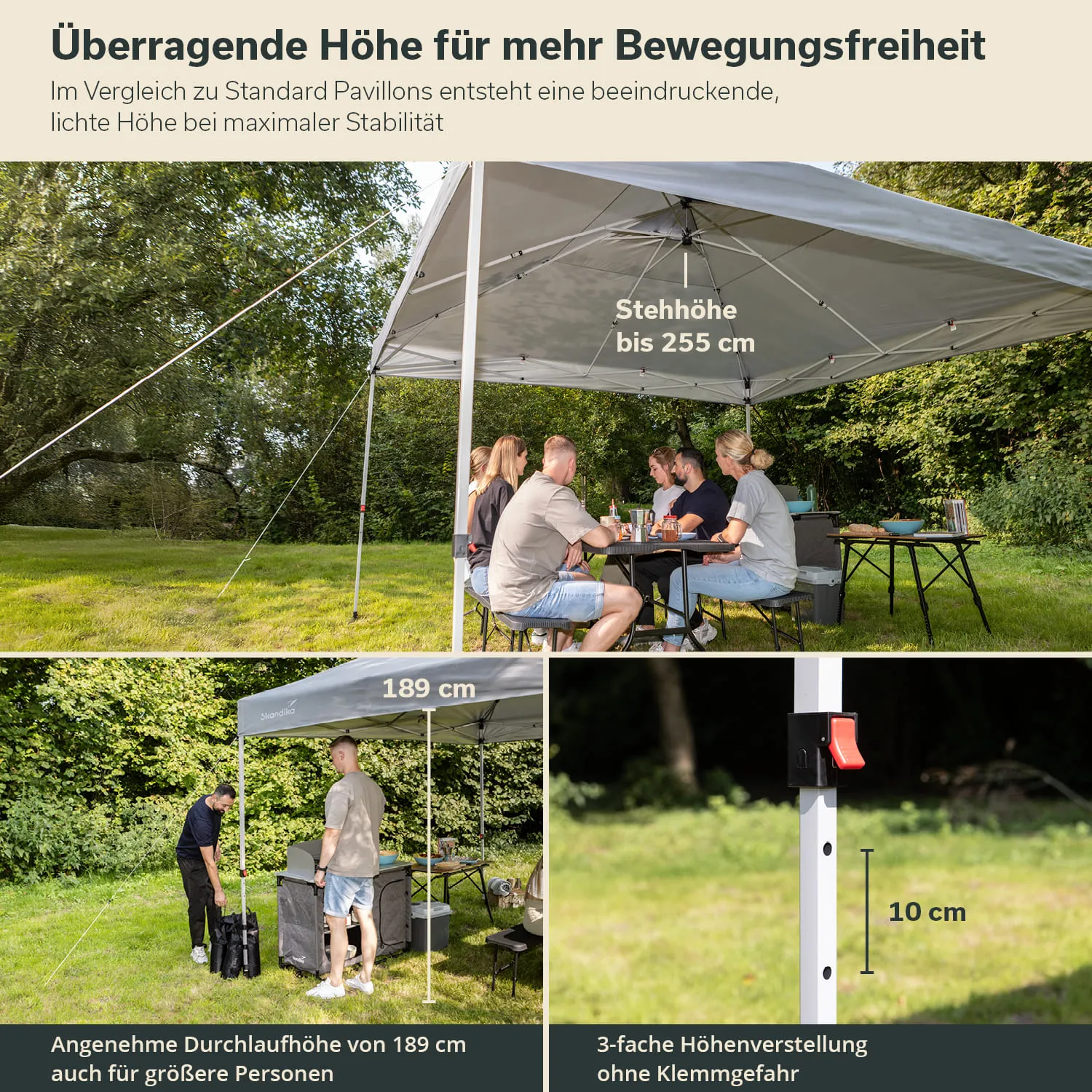 Ein Pavillon mit einer Höhe von bis zu 255 cm und einer Durchlaufhöhe von 189 cm steht auf einer Grünfläche. Unter dem Pavillon sitzen mehrere Personen an einem Tisch. In einer Ecke befindet sich eine Grillmöglichkeit.