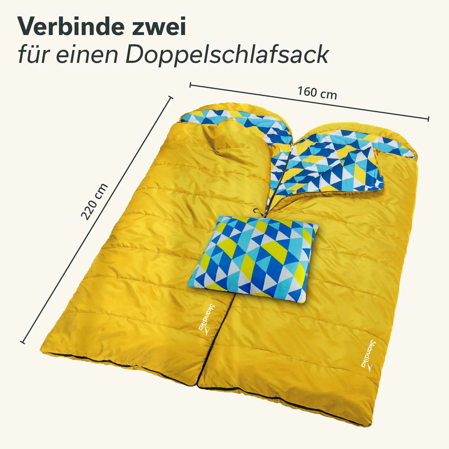 Doppelter Schlafsack in Gelb mit buntem Innenfutter, Kissen und Maßangaben (220 cm x 160 cm).