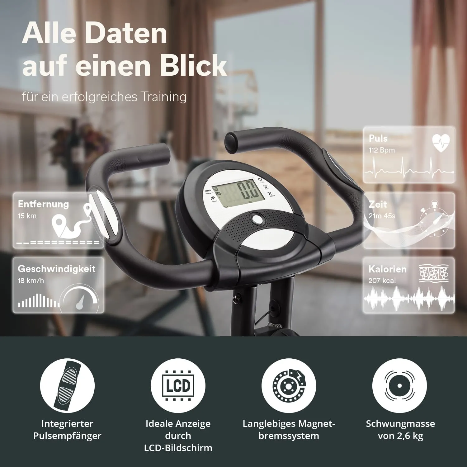 Trainingsgerät mit LCD-Bildschirm, Pulsanzeige und Daten zu Entfernung, Geschwindigkeit, Zeit und Kalorienverbrauch.