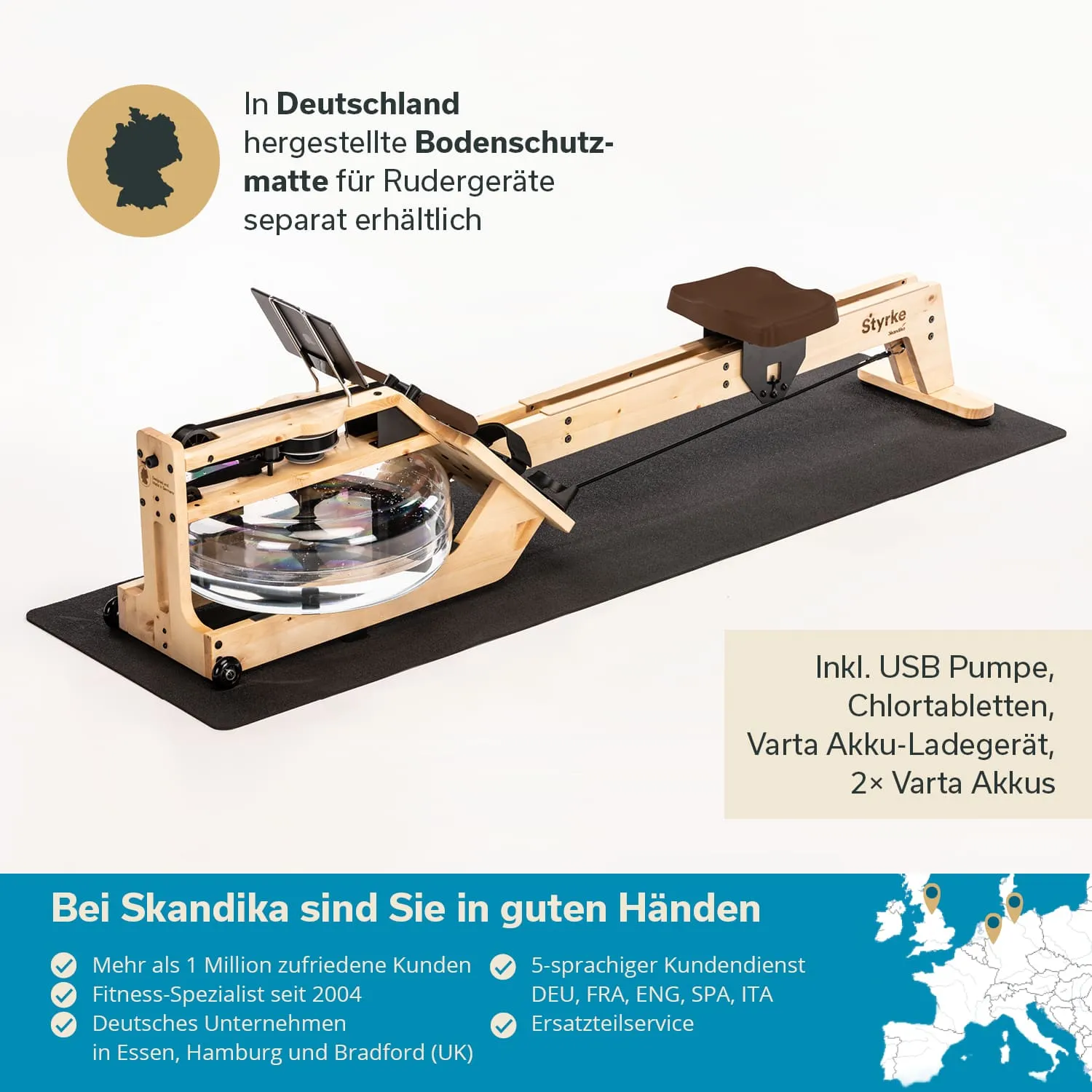 Bodenschutzmatte für Rudergeräte auf einem hellen Hintergrund, daneben ein Rudergerät aus Holz mit Wassertank.