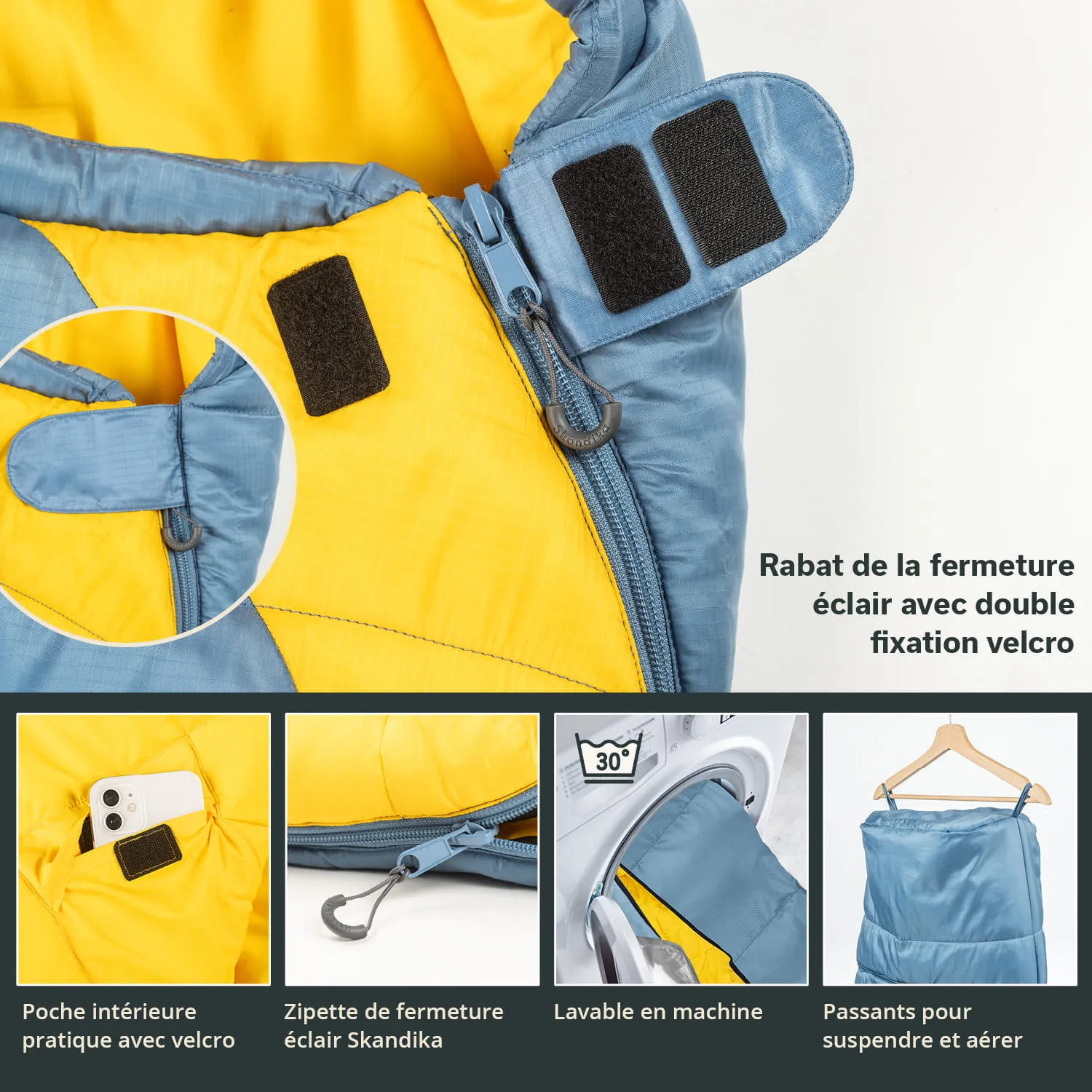 Blick auf einen blauen Schlafsack mit gelbem Innenfutter. Details zeigen einen Reißverschluss und Klettverschlüsse.