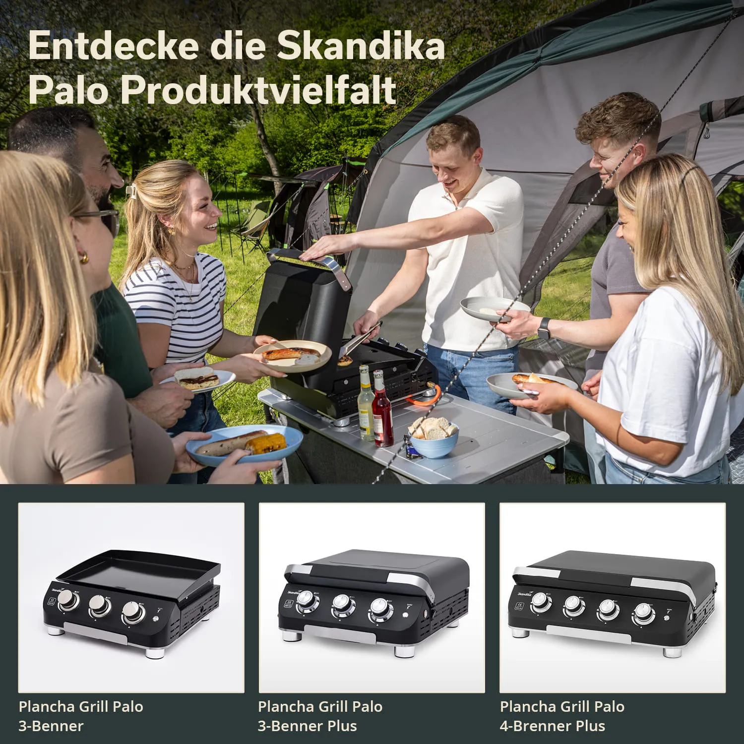 Grill auf einem Tisch im Freien, umgeben von vier Personen, die Essen servieren. Im Vordergrund drei Grillmodelle abgebildet.