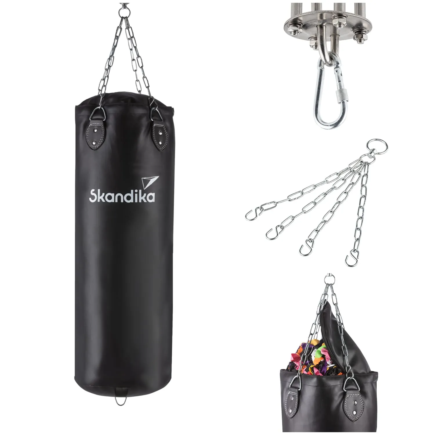 Schwarze Boxsack mit Metallketten zum Aufhängen, mit dem Logo "Skandika", und zusätzliche Teile wie Haken und Kette.