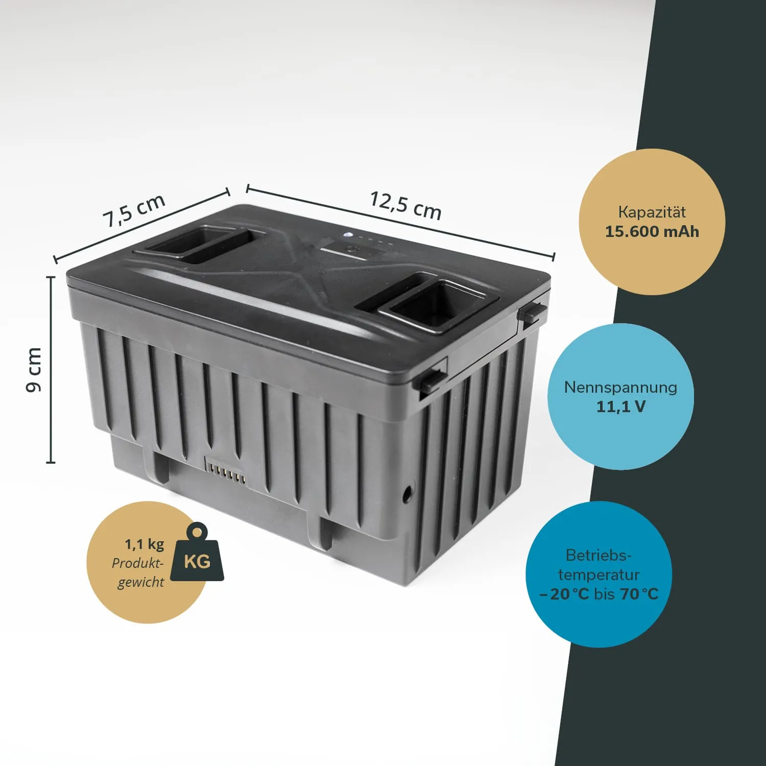Schwarze Batterie mit den Abmessungen 12,5 cm x 7,5 cm x 9 cm und technischen Angaben zu Kapazität und Temperatur.