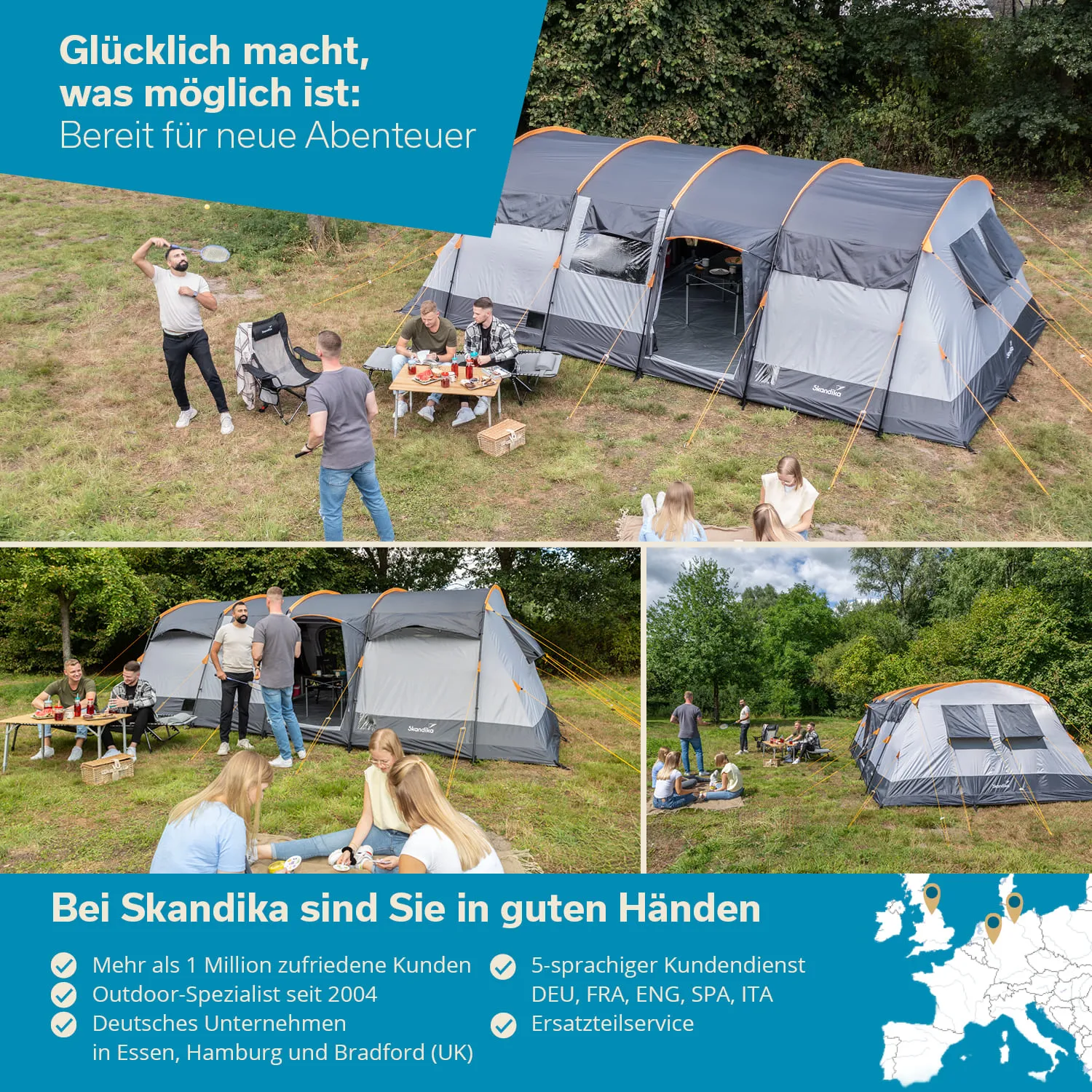 Zelt im Freien mit einer Gruppe von Personen, die am Tisch sitzen und essen. Umgebende Grünfläche und Bäume sichtbar.