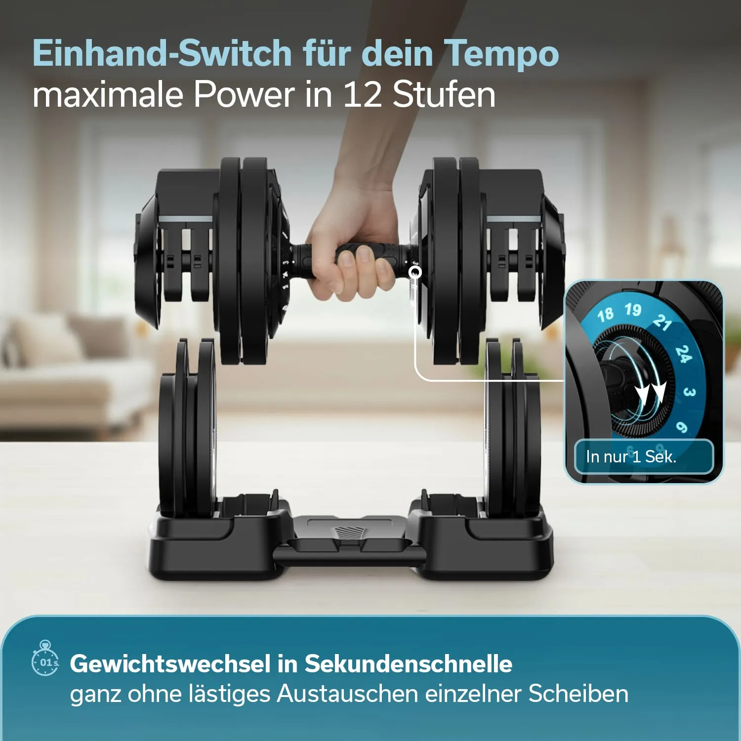 Ein schwarzer Hantel-Switch mit einem verstellbaren Gewicht und einer Hand, die den Griff hält. Im Hintergrund ist ein heller Raum sichtbar.