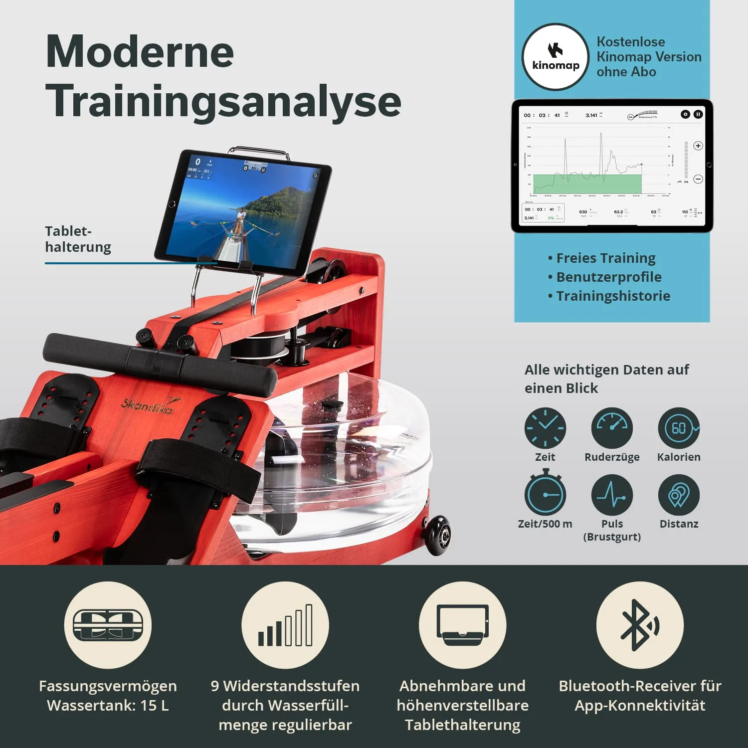 Rudergerät mit Wassertank und Tablet-Halterung. Anzeigen für Trainingsdaten: Zeit, Ruderzüge, Kalorien. Grafiken und Symbole unten.