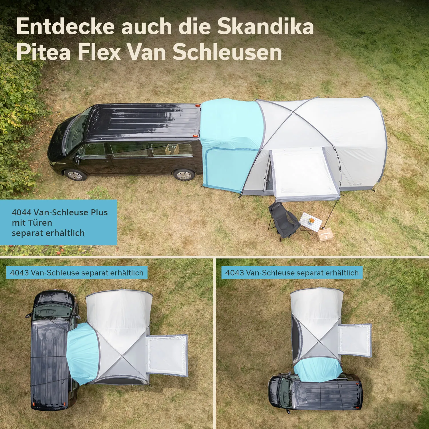 Schwarzes Fahrzeug mit angeschlossenem Zelt im Freien. Zelt hat zwei Segmente, eines blau und eines grau, sowie einen kleinen Tisch mit Getränken.
